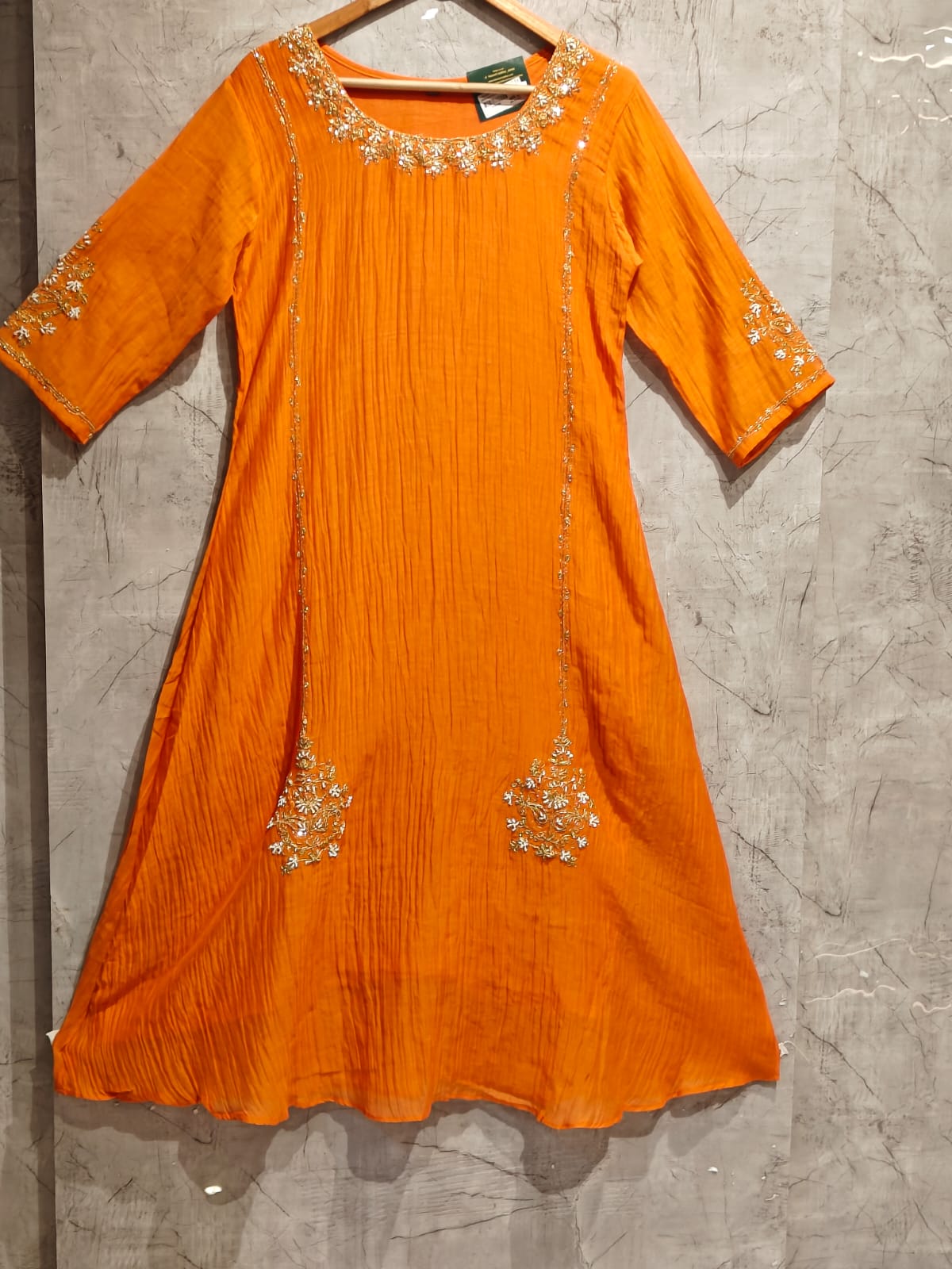 Orange Mul Chanderi Hand Embroidery Airline Kurtha 686