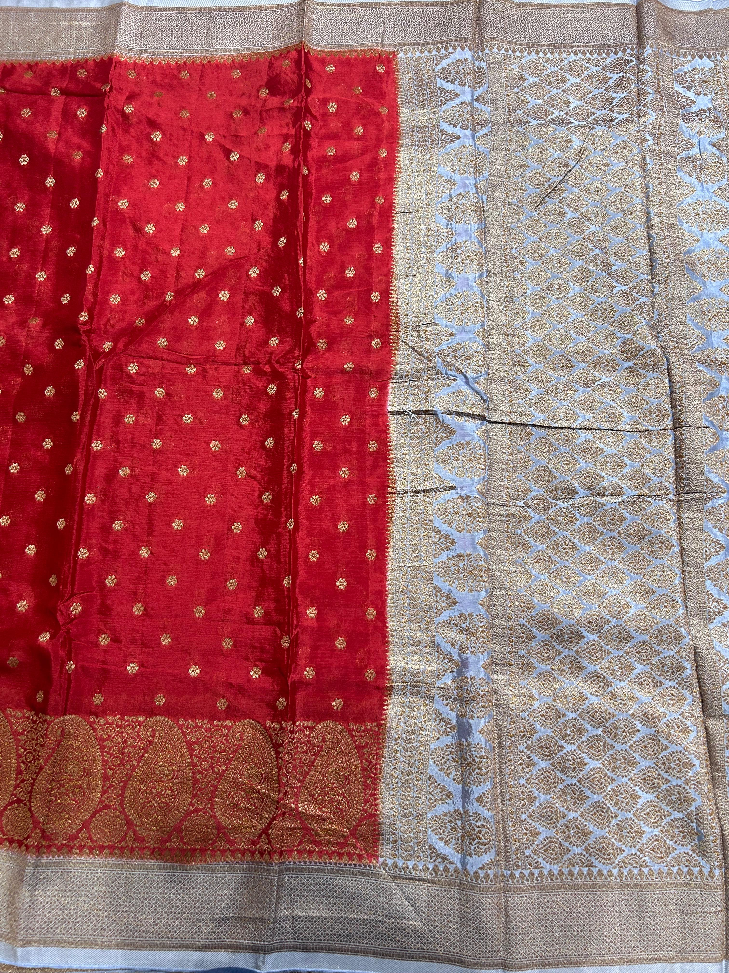 Red contrast small butta chinnon 106 saree