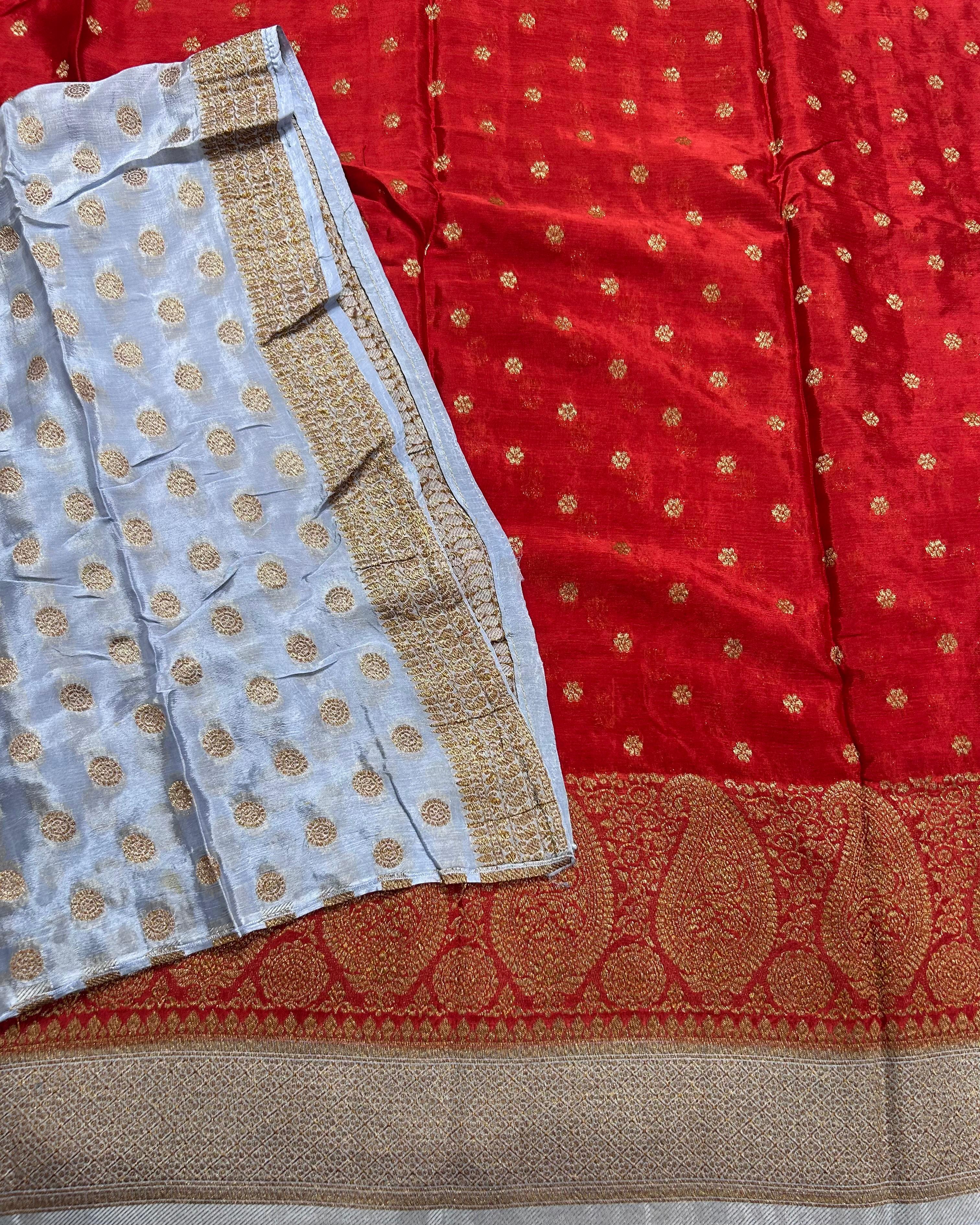Red contrast small butta chinnon 106 saree