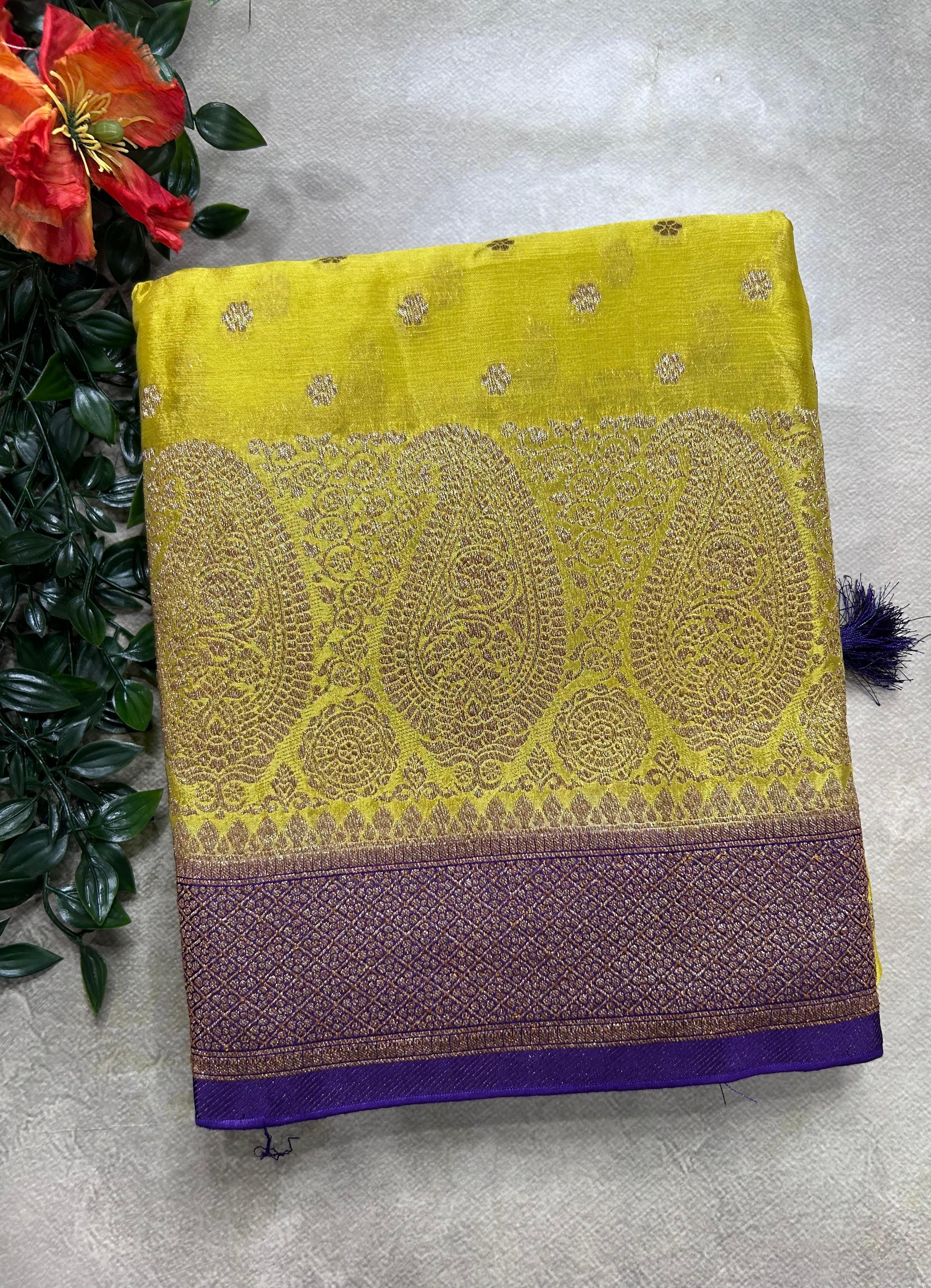 Yellow contrast small butta chinnon 106 saree
