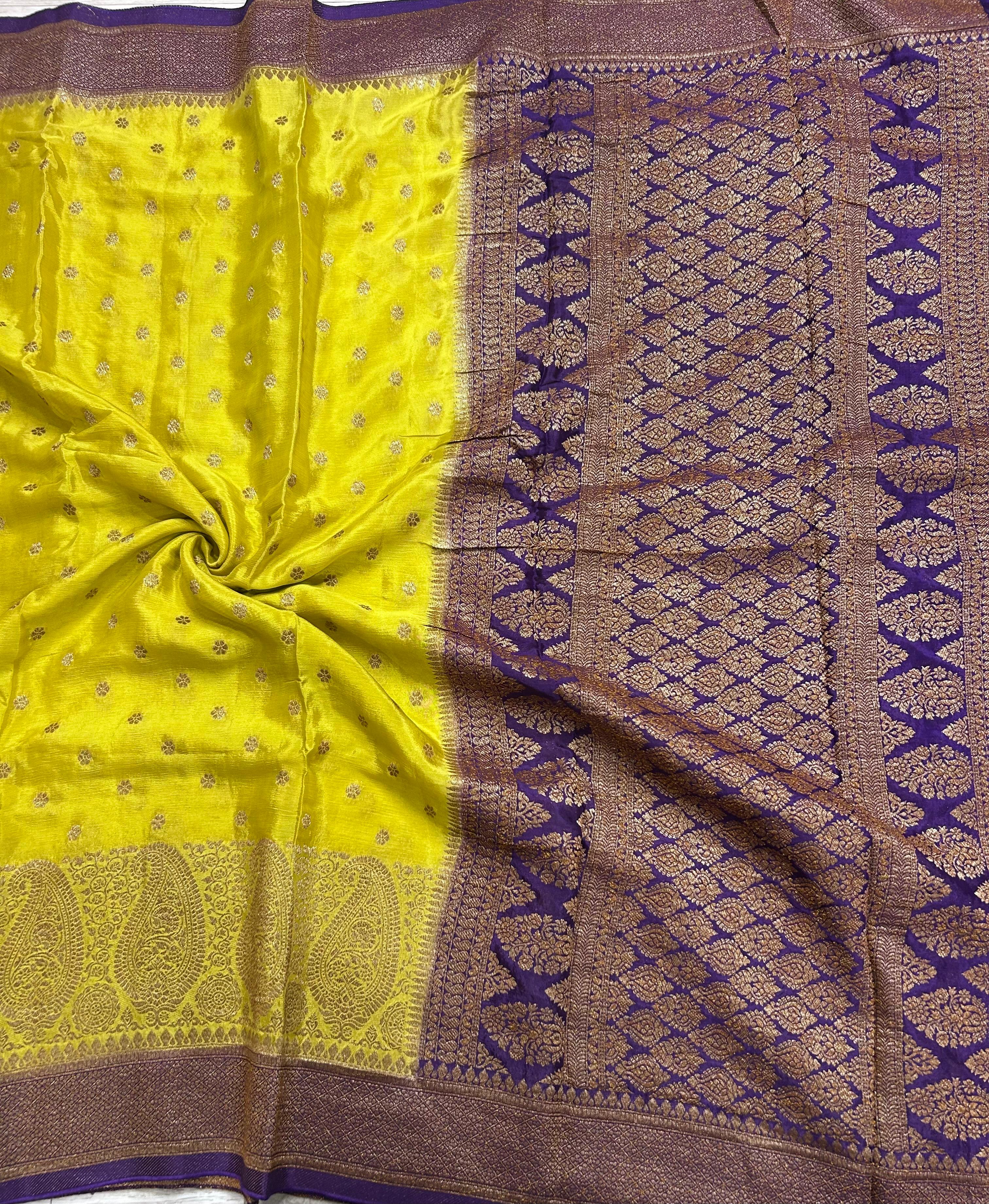 Yellow contrast small butta chinnon 106 saree