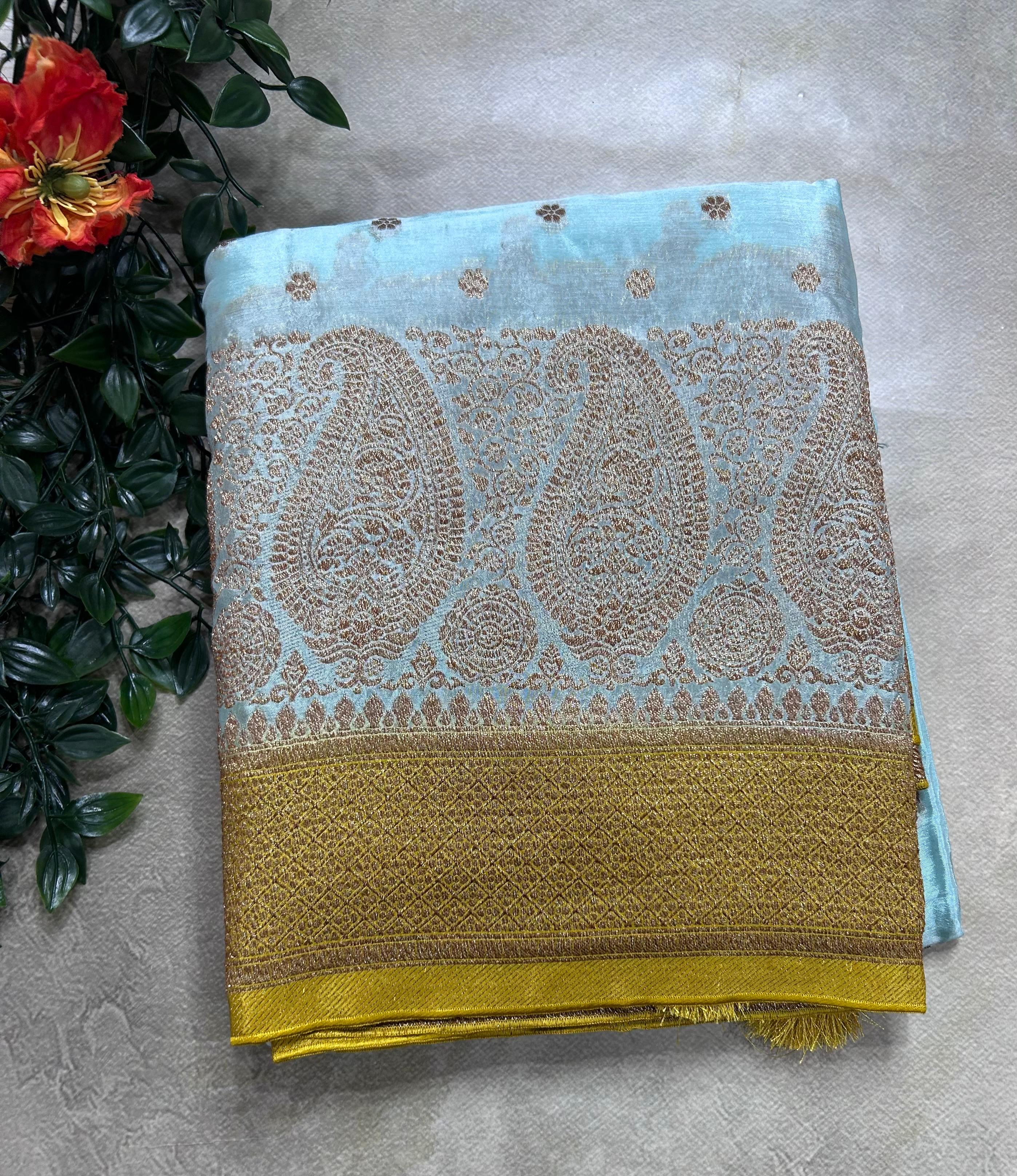 Sky blue contrast small butta chinnon 106 saree