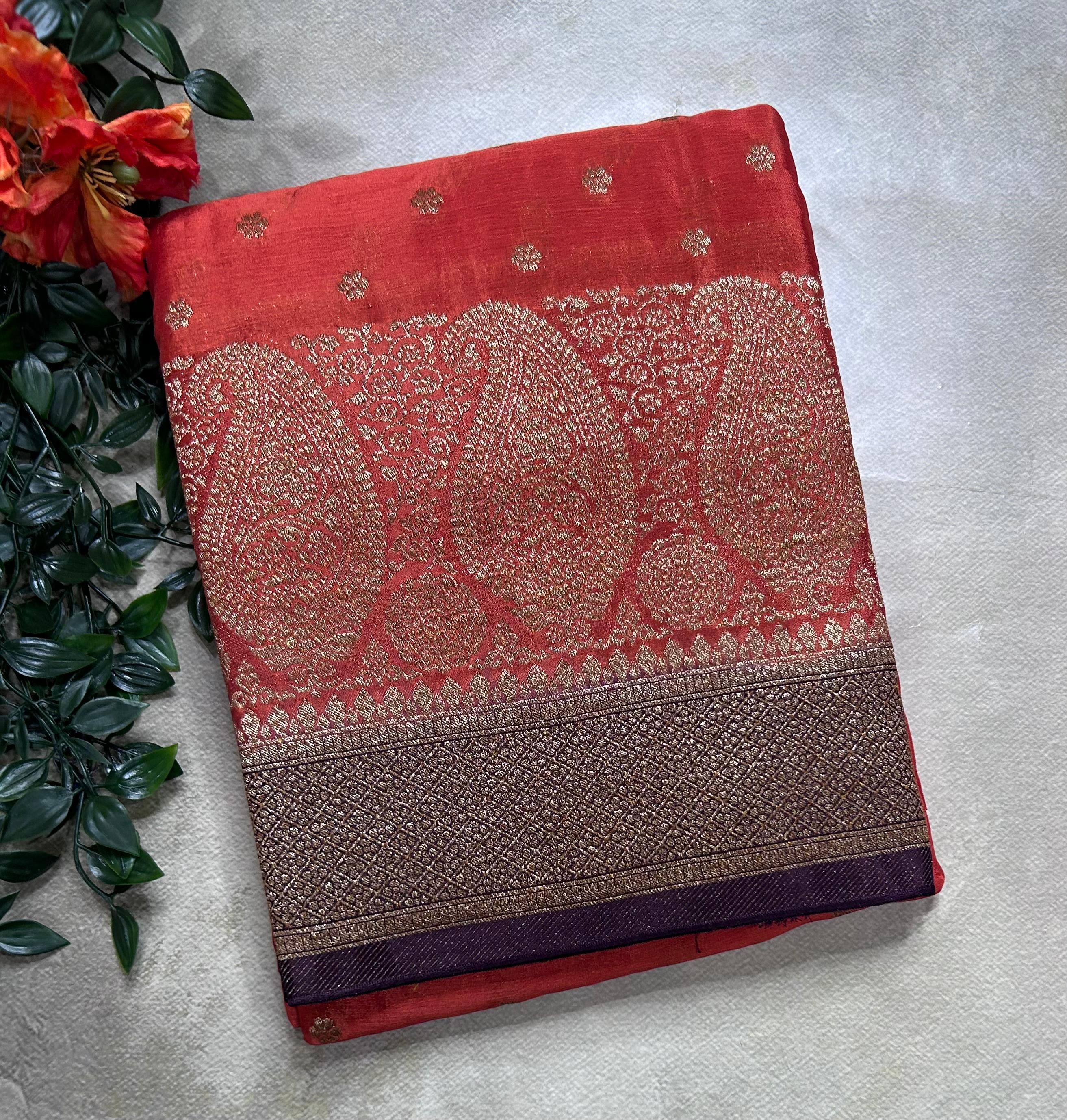 Orange contrast small butta chinnon 106 saree