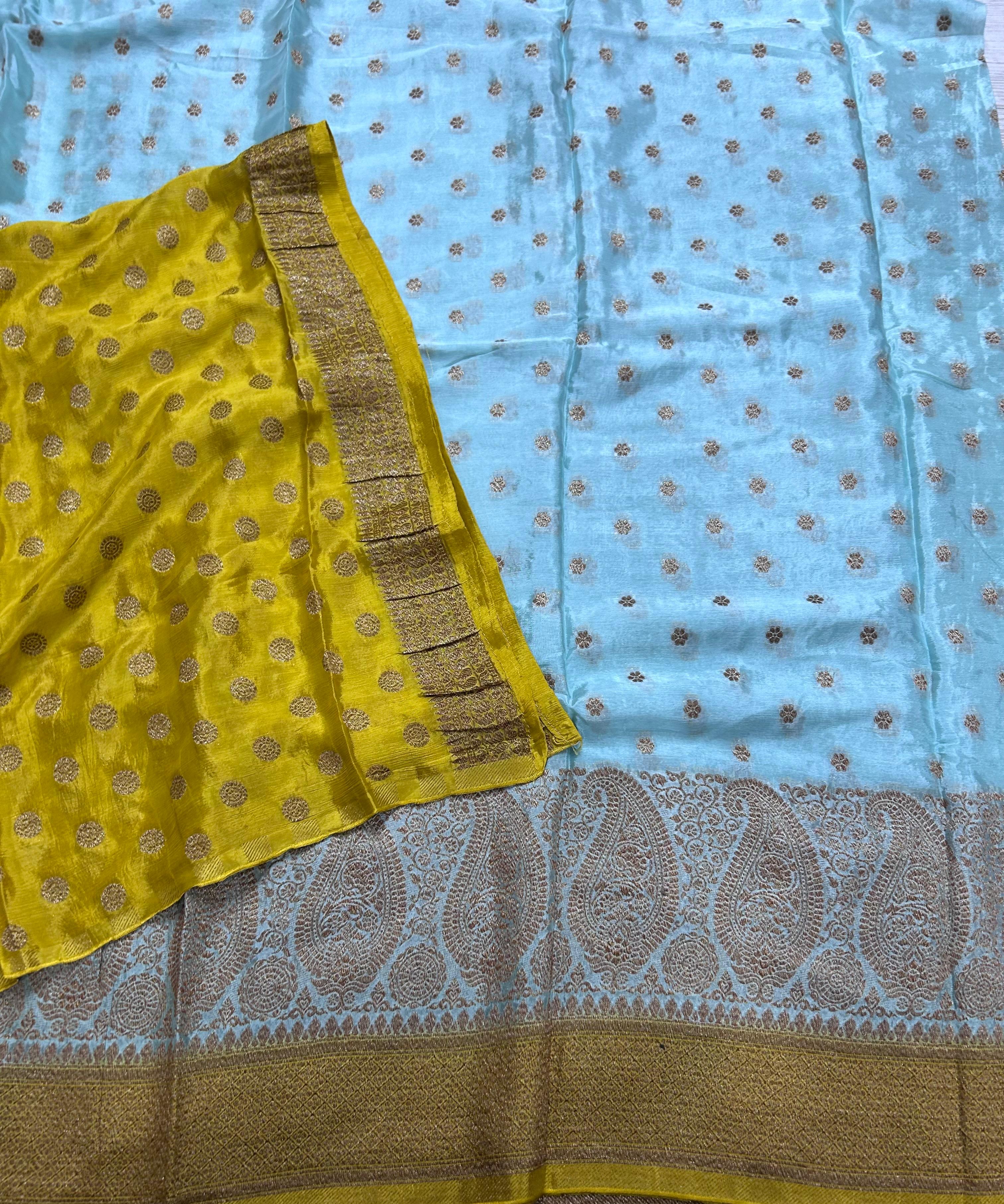 Sky blue contrast small butta chinnon 106 saree