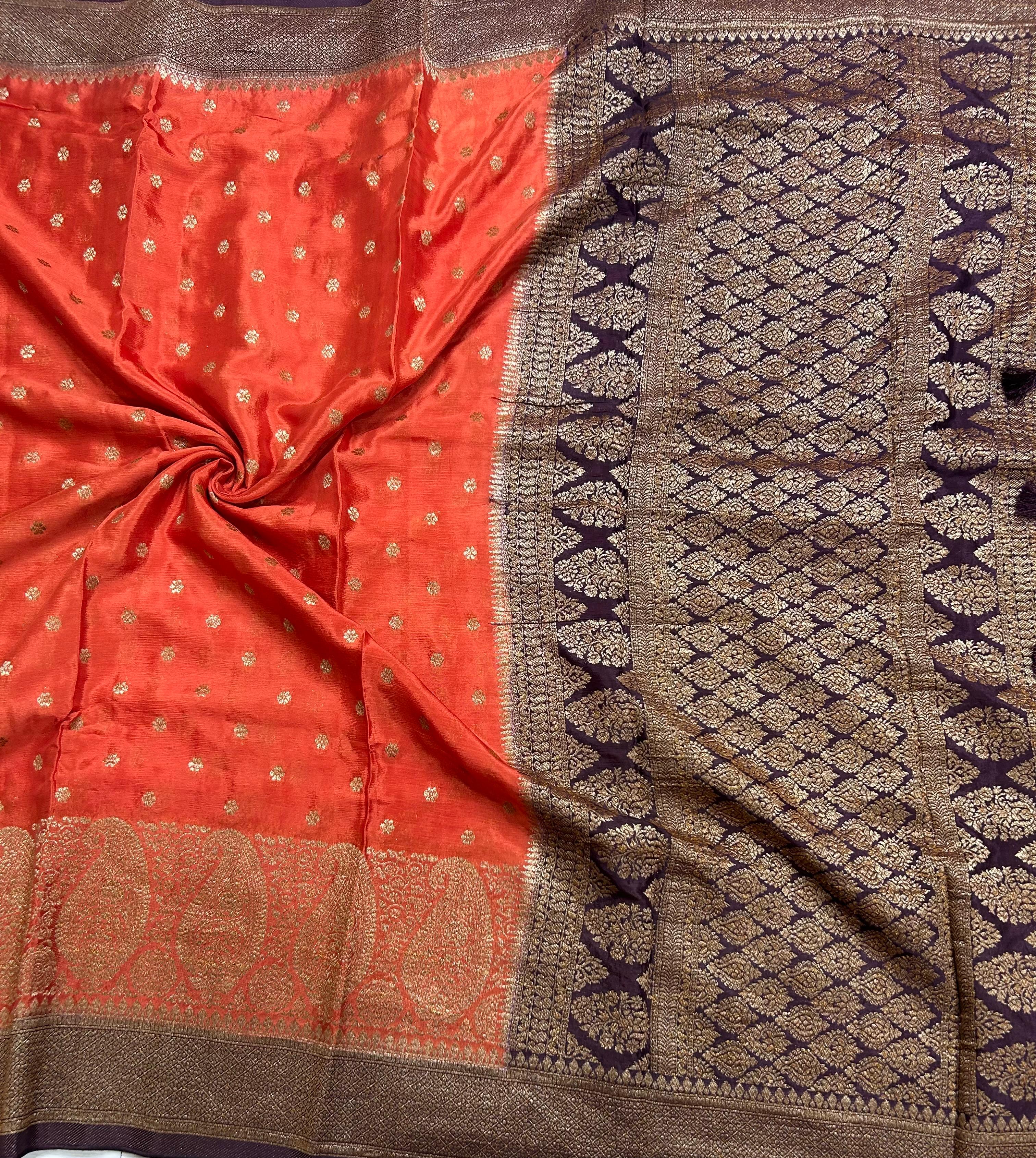Orange contrast small butta chinnon 106 saree