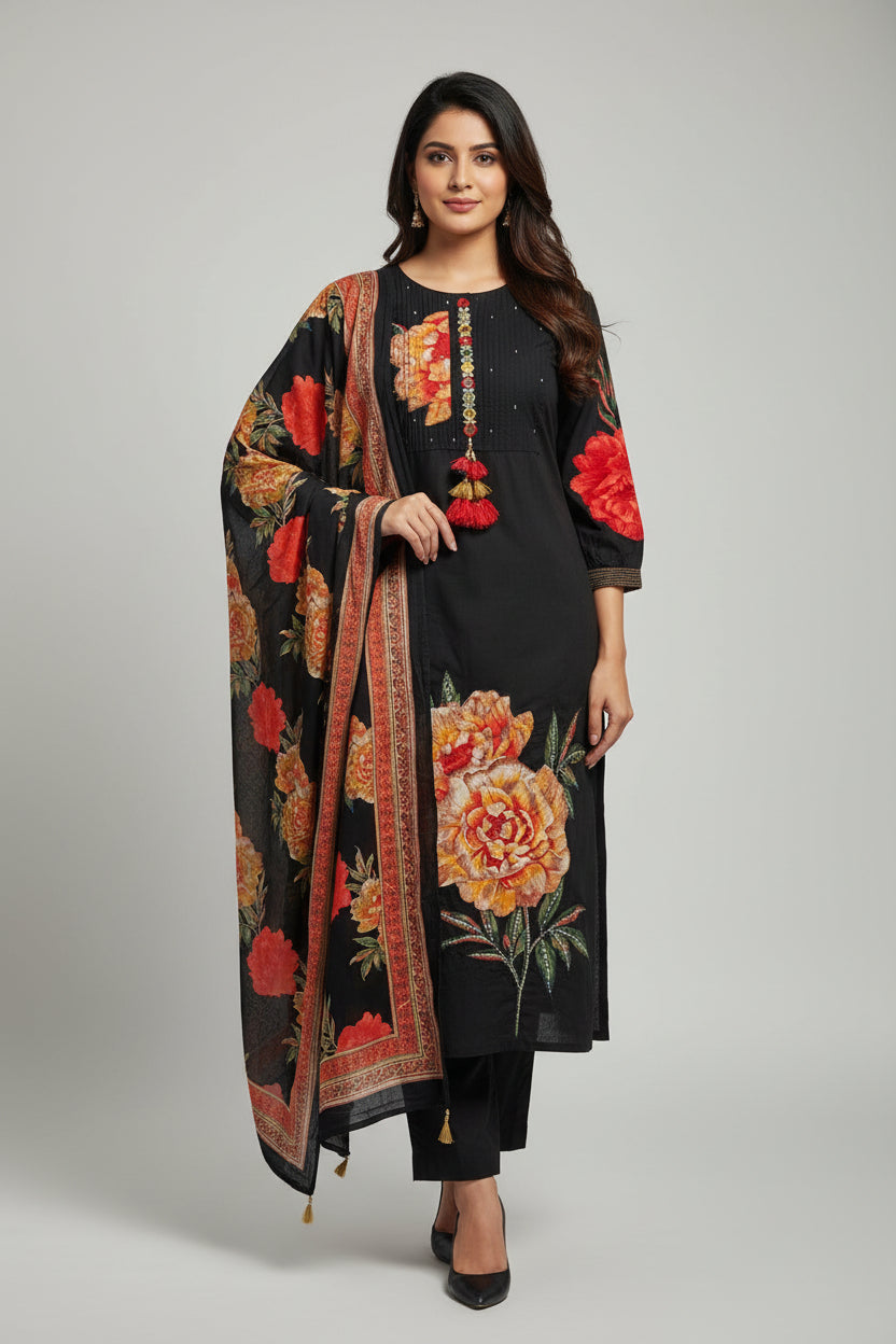 Black Cotton Straight Fit digital  print Kurtha 643