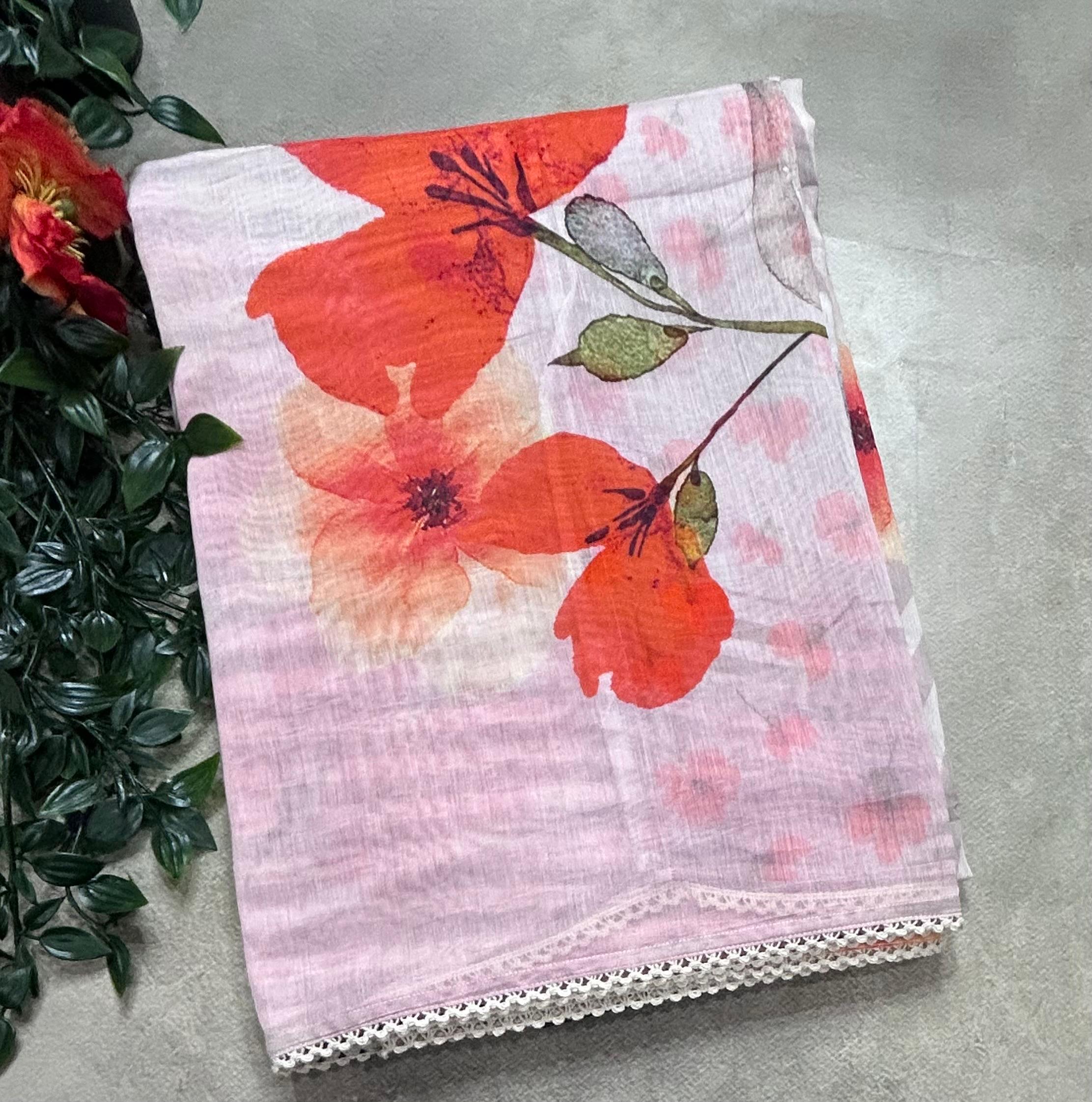 Pastel pink digital print mul cotton 106 saree