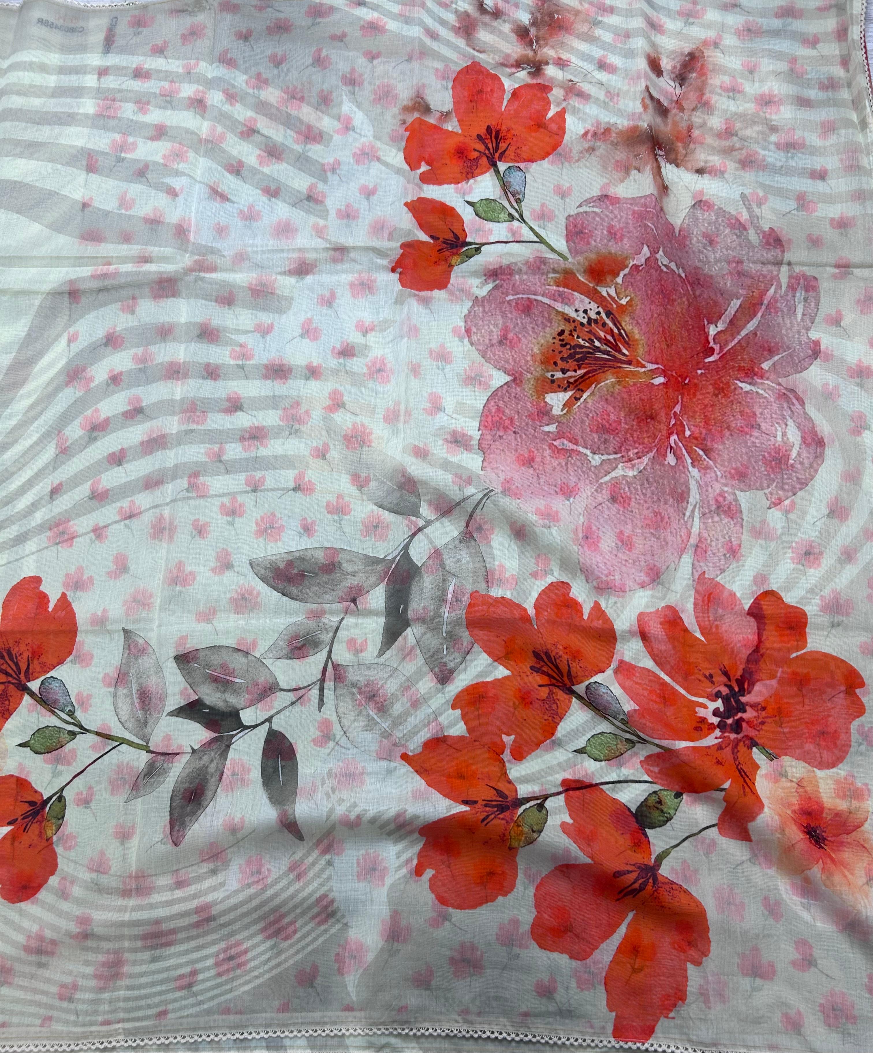 Cream digital print mul cotton 106 saree