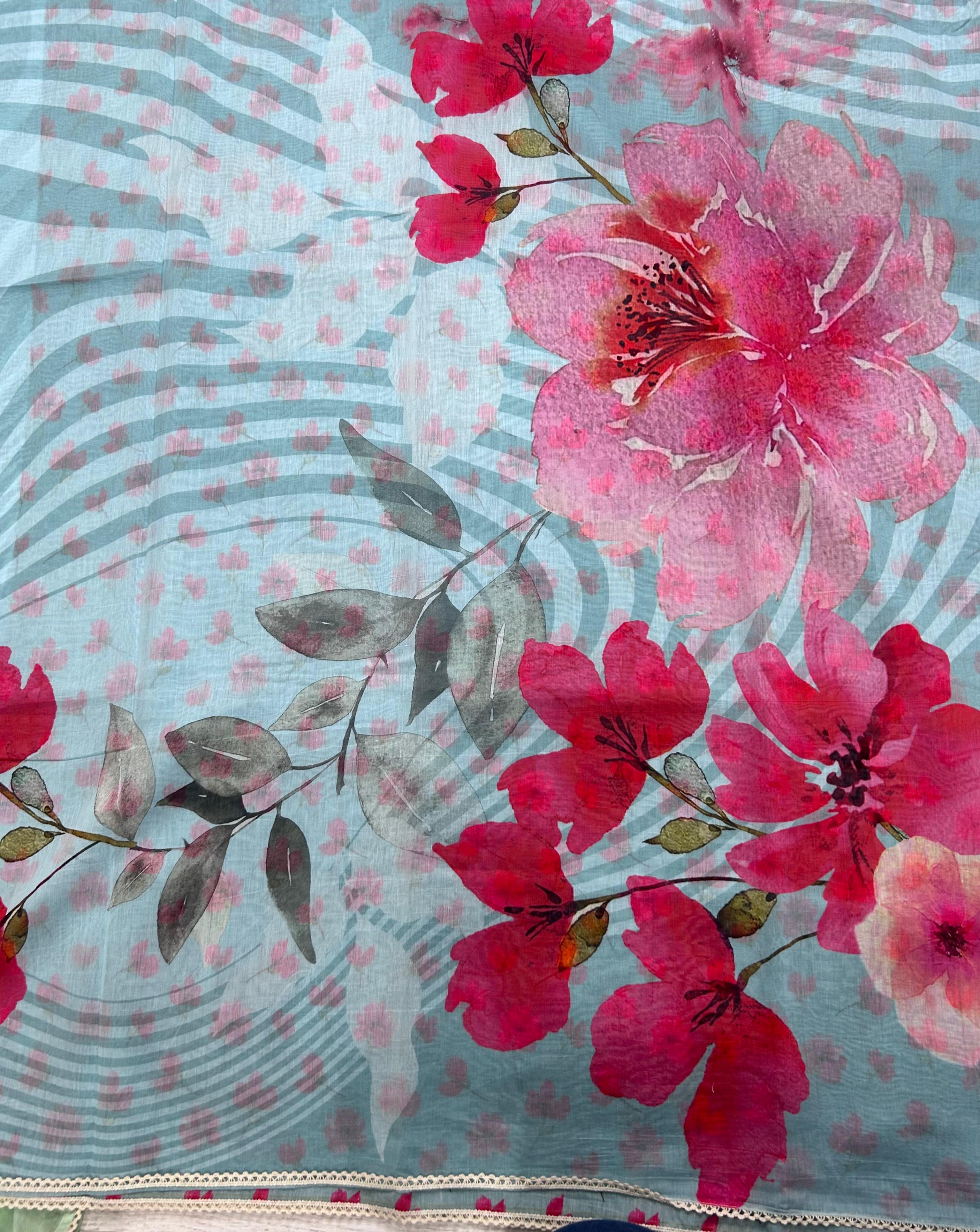 Sky blue digital print mul cotton 106 saree