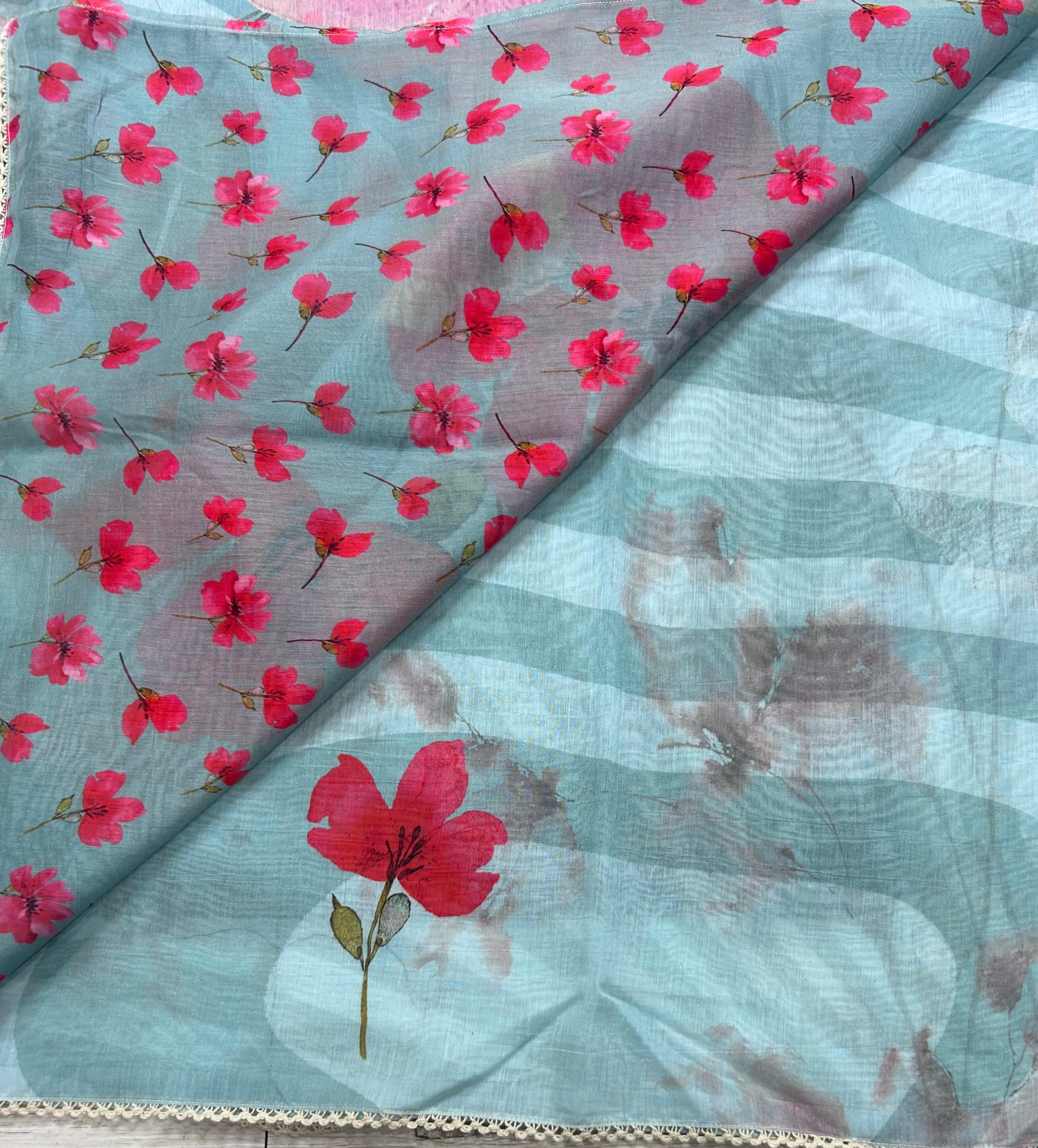 Sky blue digital print mul cotton 106 saree