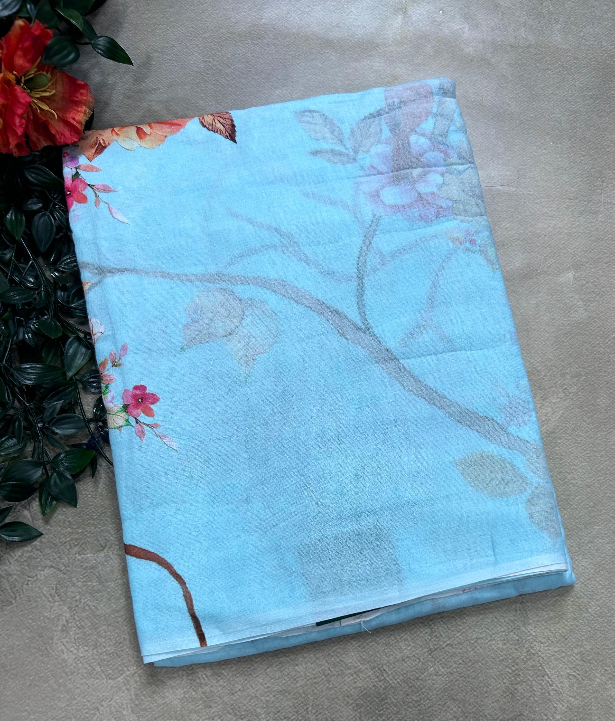 Sky blue digital print mul cotton 106 saree