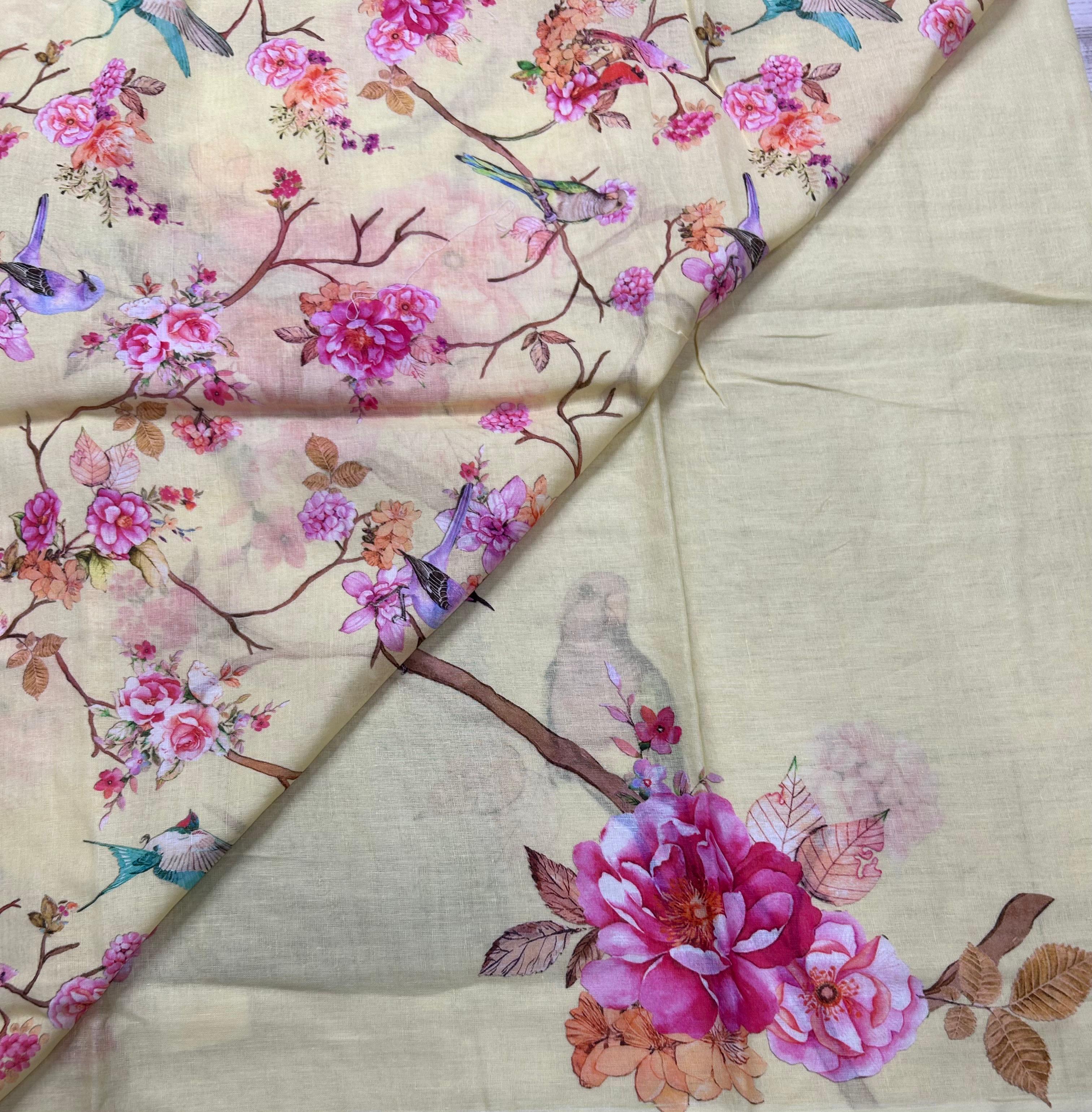 Pastel yellow digital print mul cotton 106 saree
