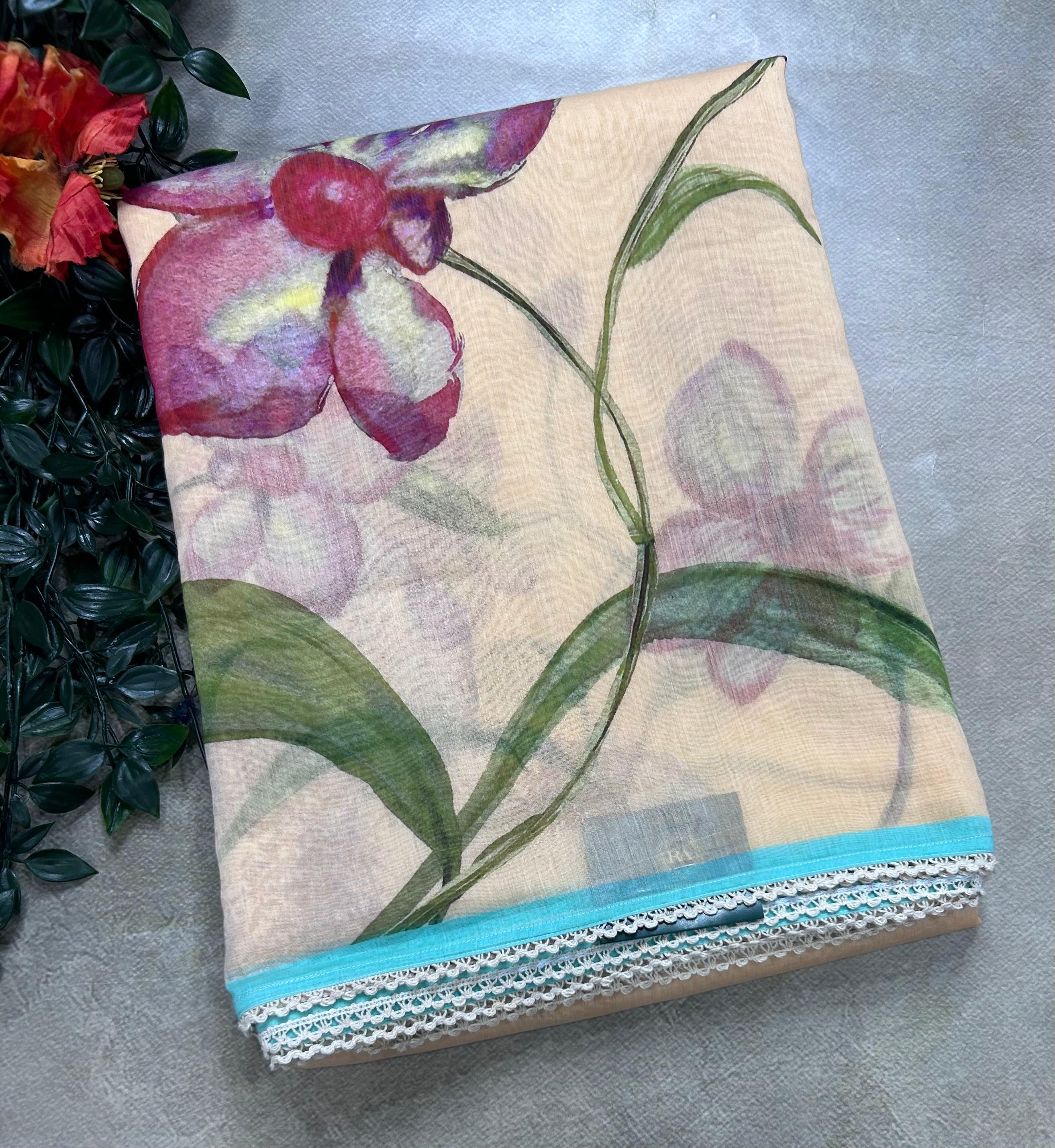 Peach digital print mul cotton 106 saree
