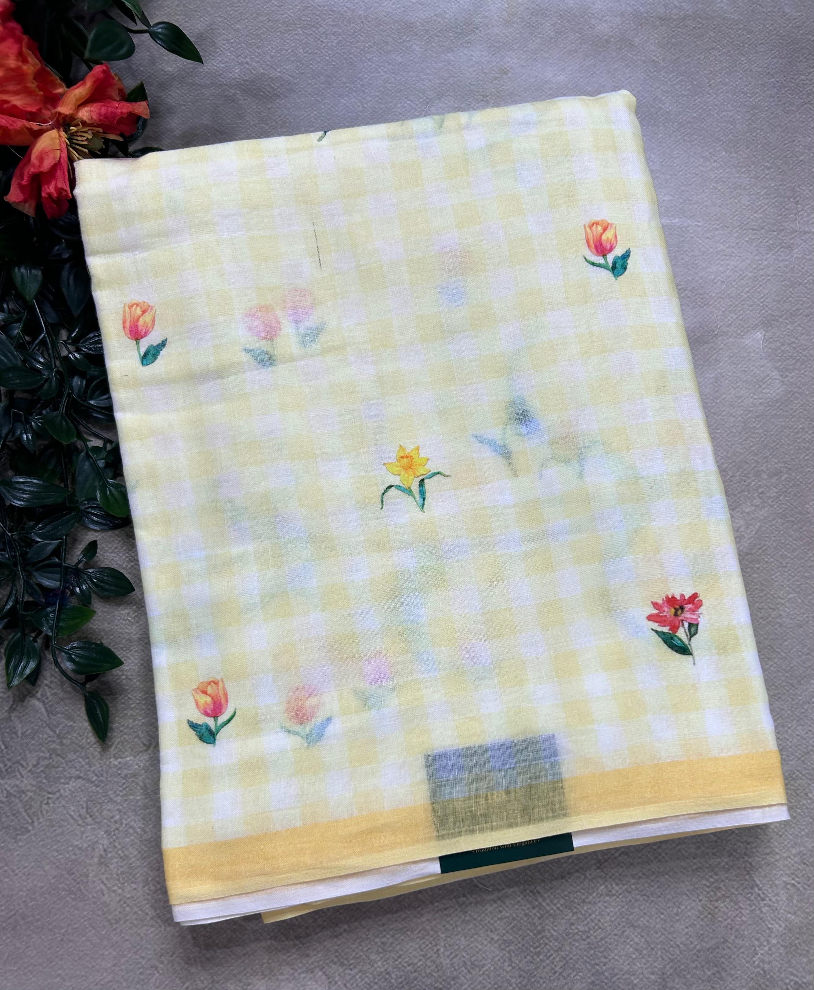 Pastel yellow digital print mul cotton 106 saree