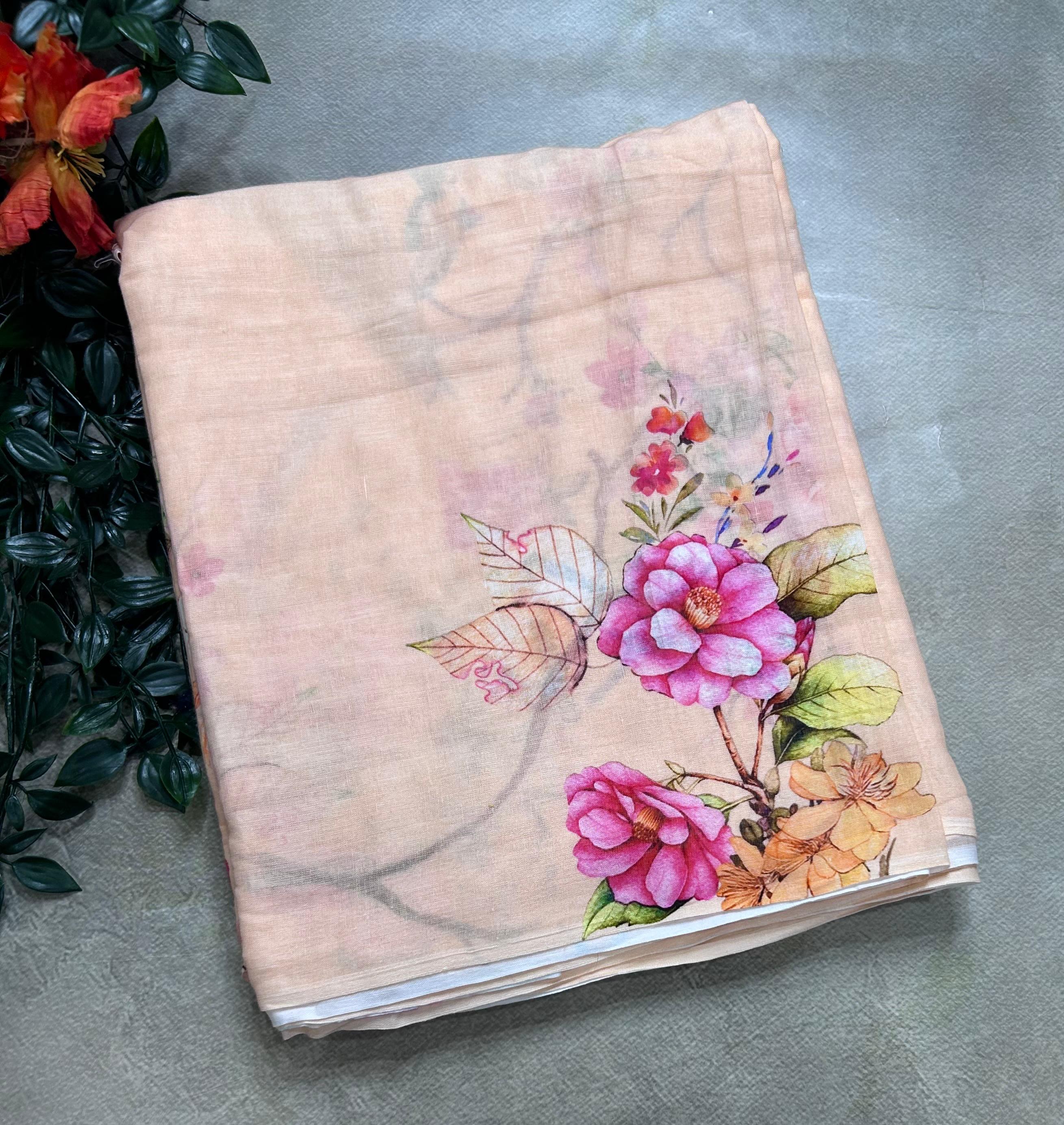 Peach digital print mul cotton 106 saree