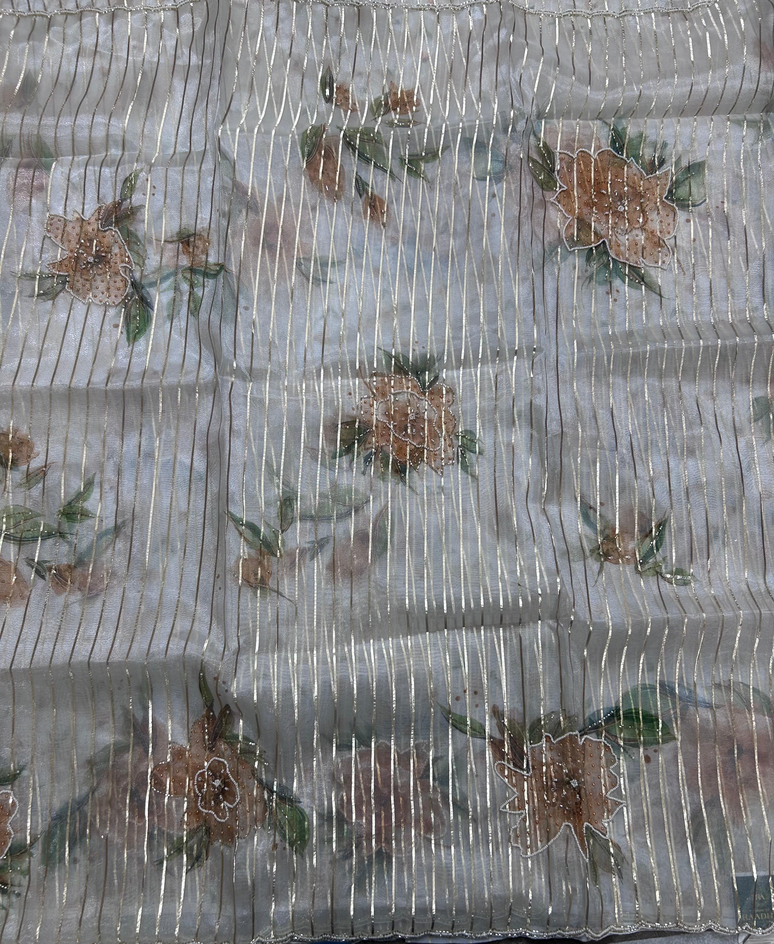 Cream stripes digital print semi tissue crepe 106 saree(party wear 106)