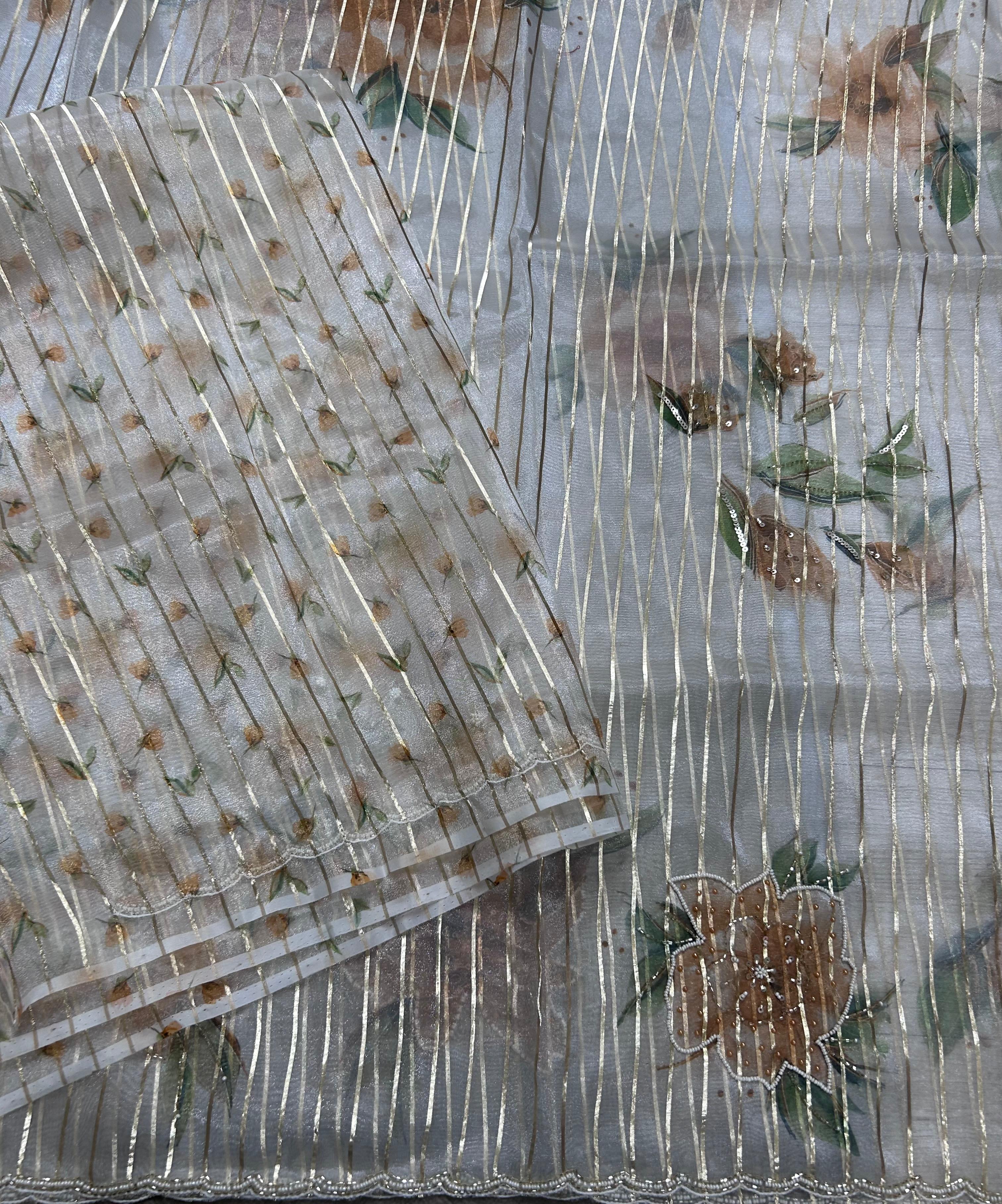 Cream stripes digital print semi tissue crepe 106 saree(party wear 106)