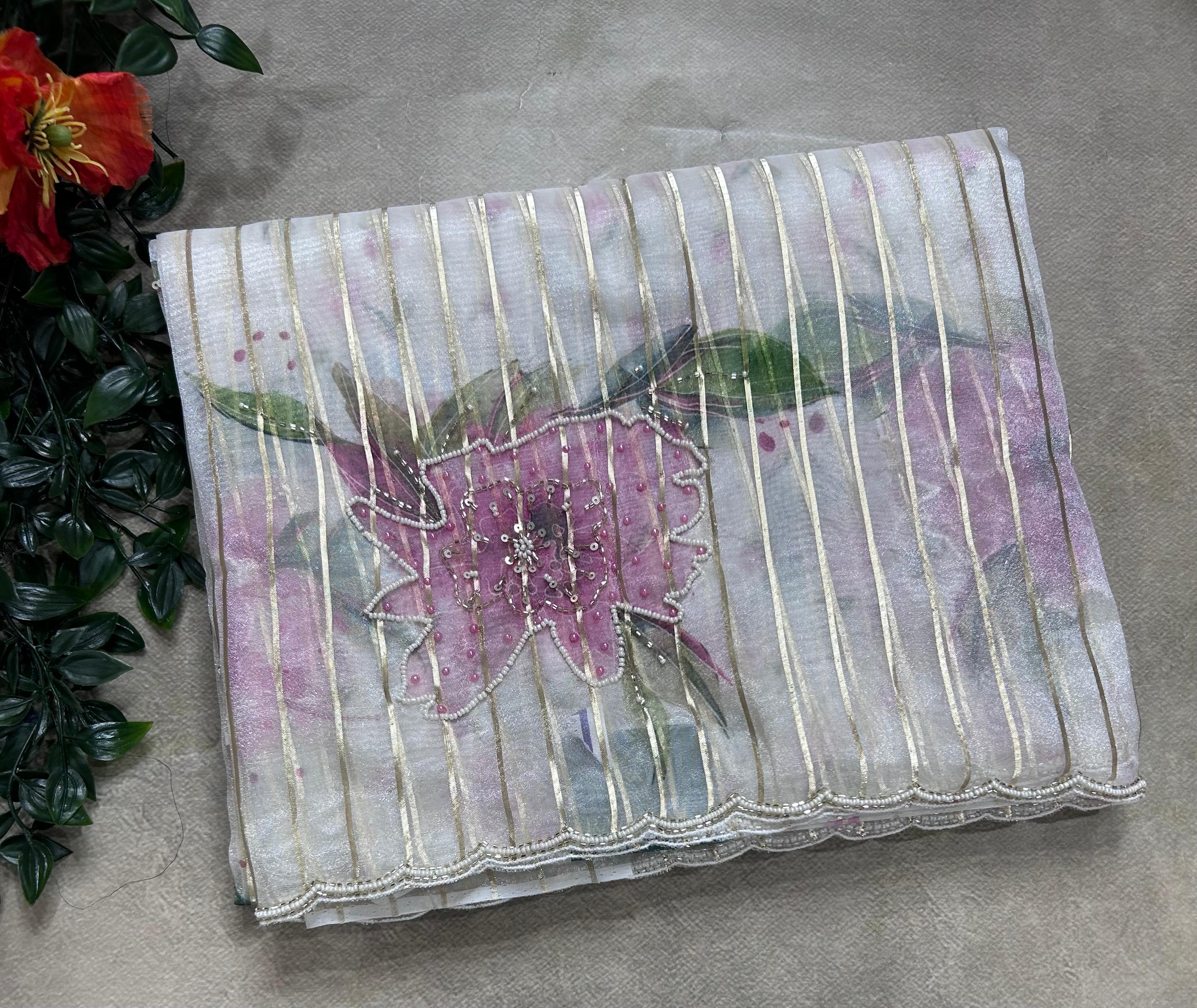 Cream stripes digital print semi tissue crepe 106 saree(party wear 106)