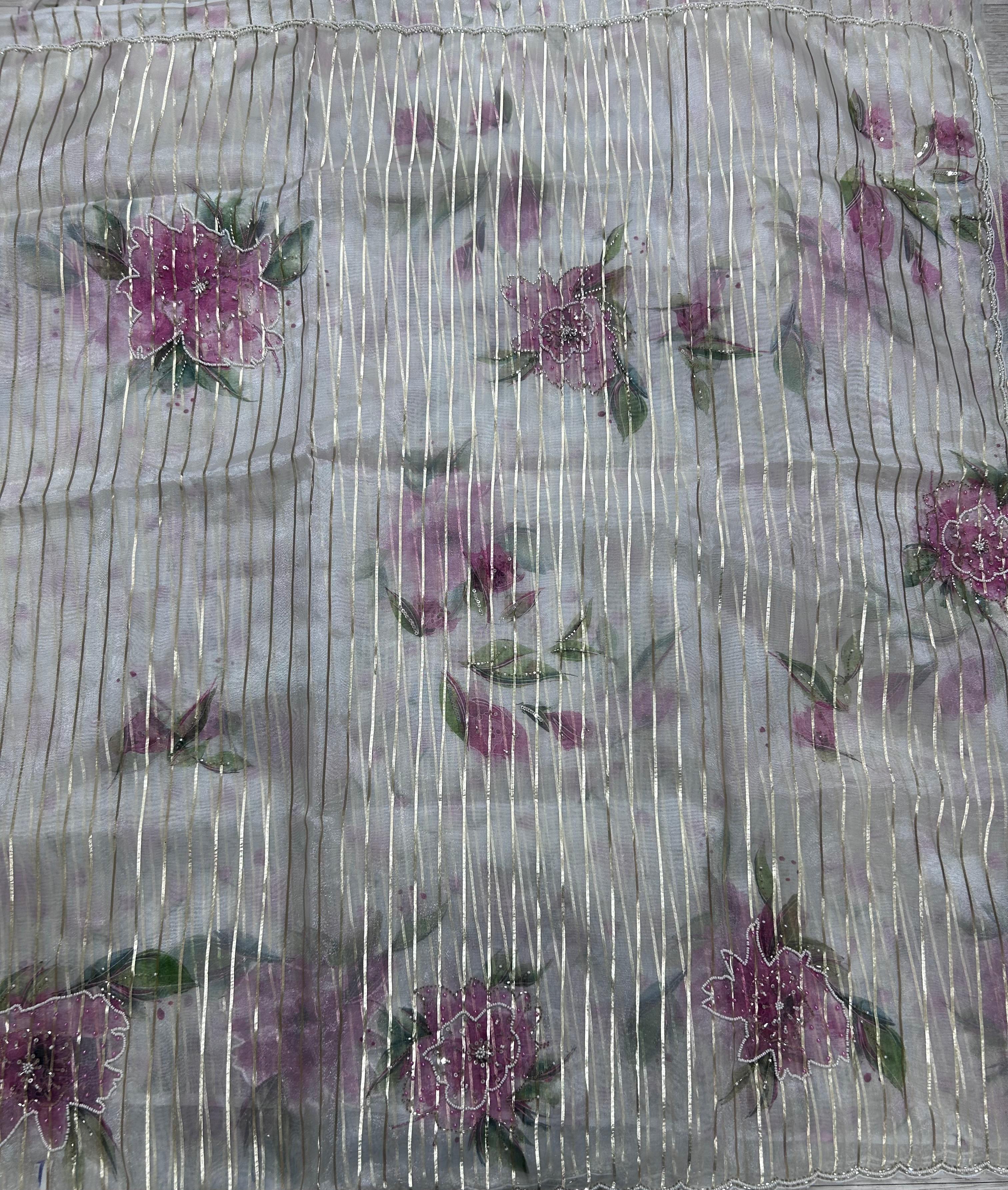 Cream stripes digital print semi tissue crepe 106 saree(party wear 106)