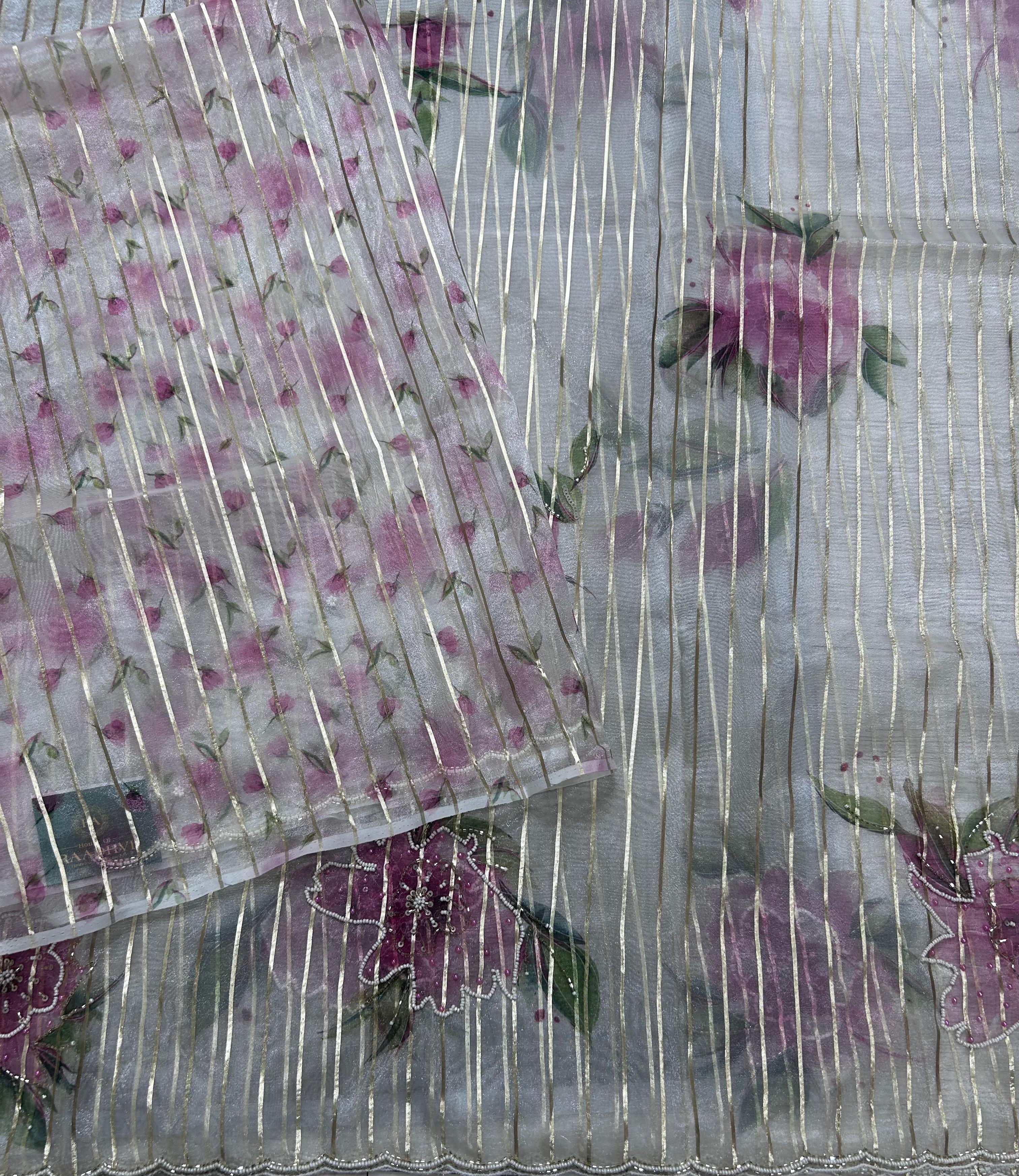 Cream stripes digital print semi tissue crepe 106 saree(party wear 106)
