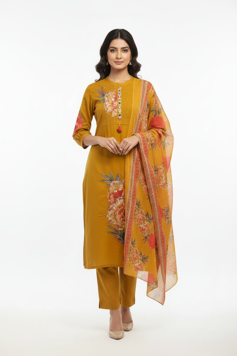 yellow Cotton Straight Fit digital  print Kurtha 643