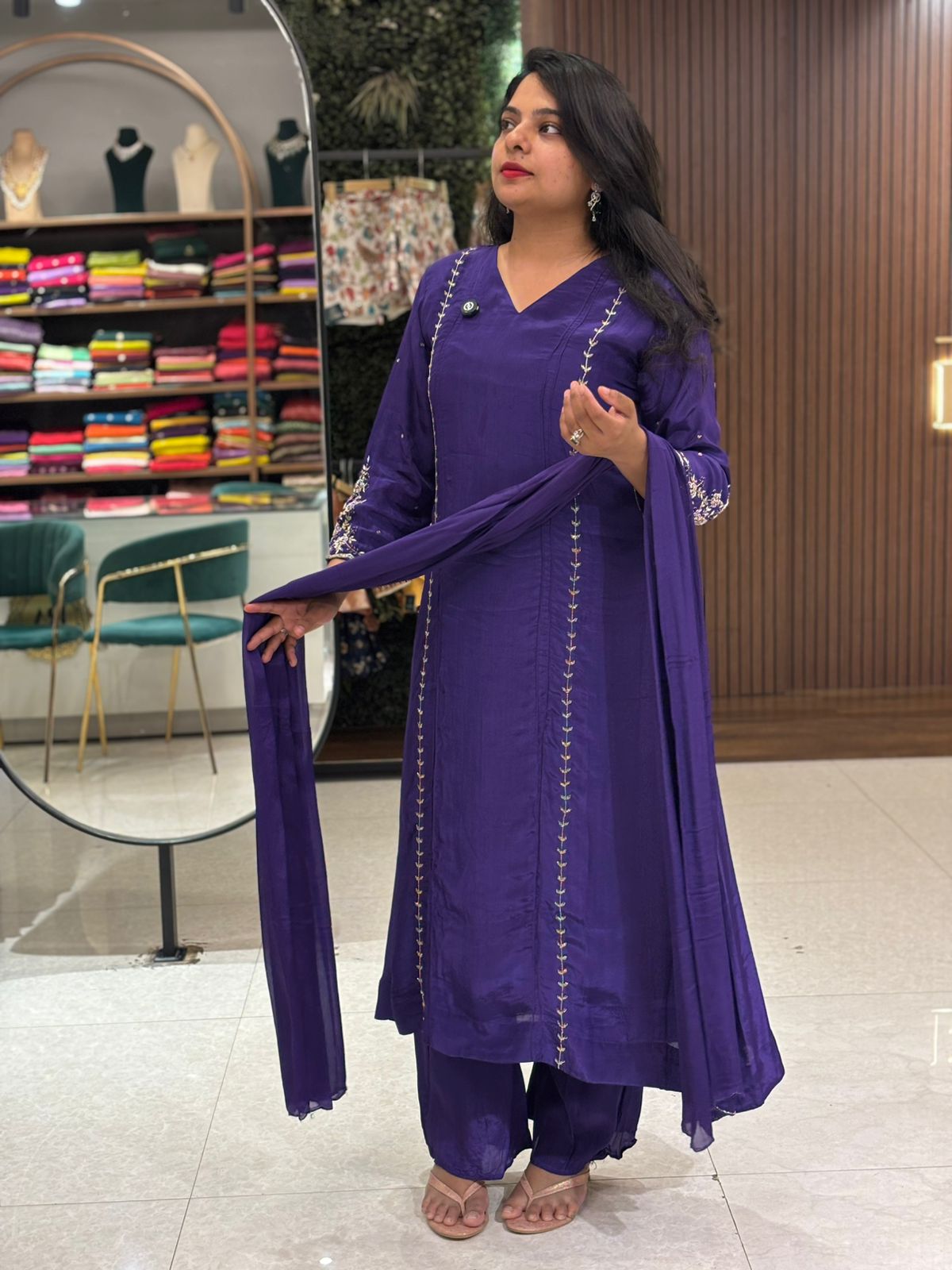 purple Chinnon Hand Embroidery A Line Kurtha 673
