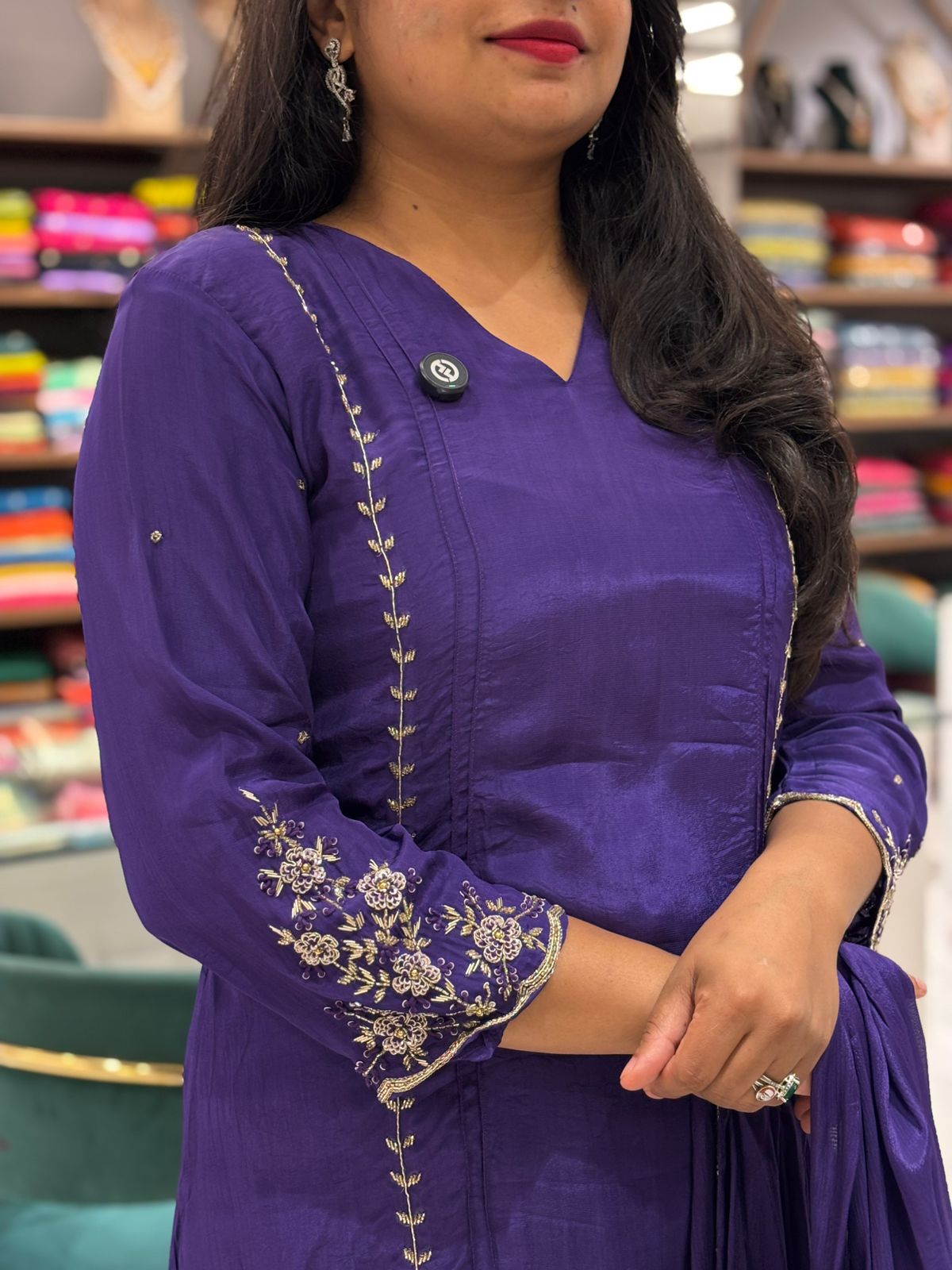purple Chinnon Hand Embroidery A Line Kurtha 673
