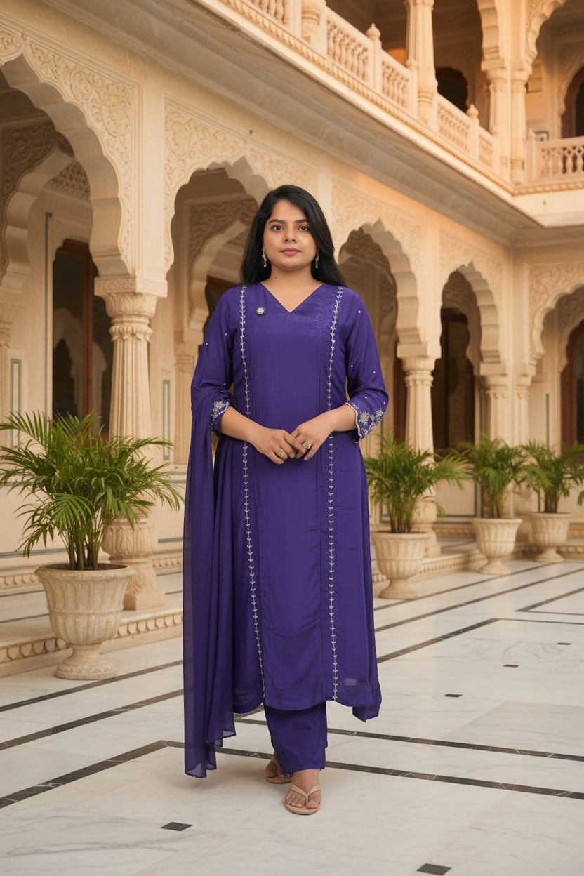 purple Chinnon Hand Embroidery A Line Kurtha 673
