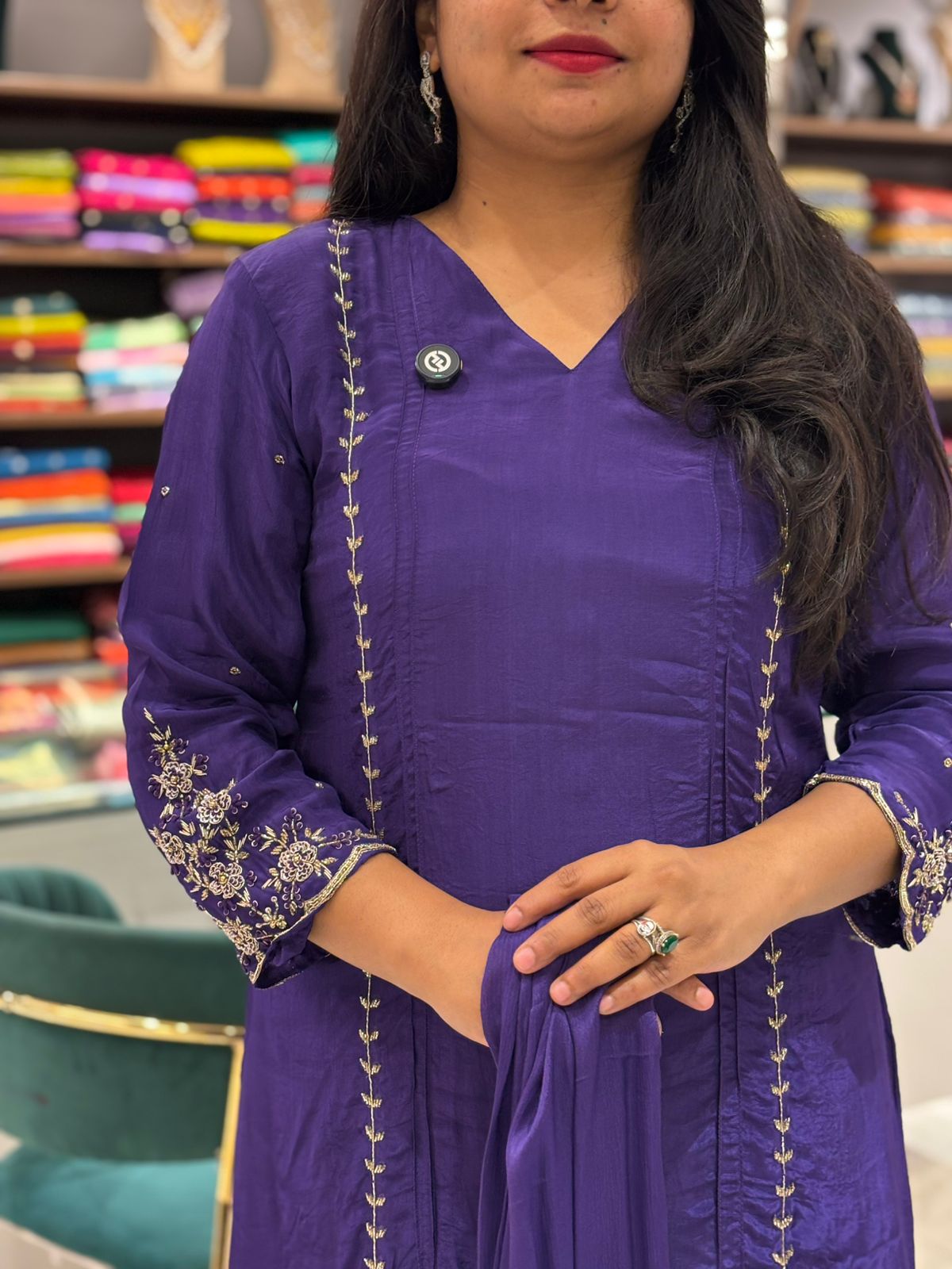 purple Chinnon Hand Embroidery A Line Kurtha 673