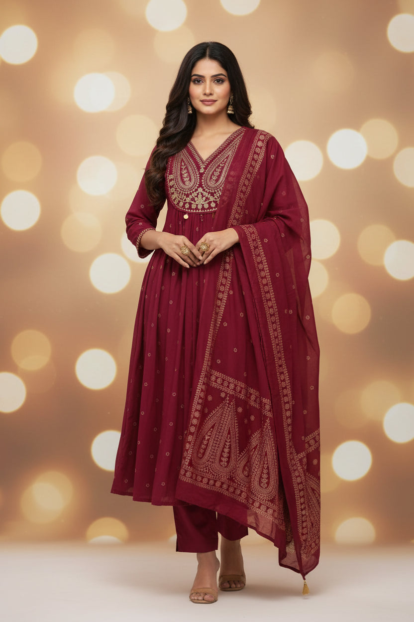 Marroon Cotton Hand Embroidery Airline Kurtha 677
