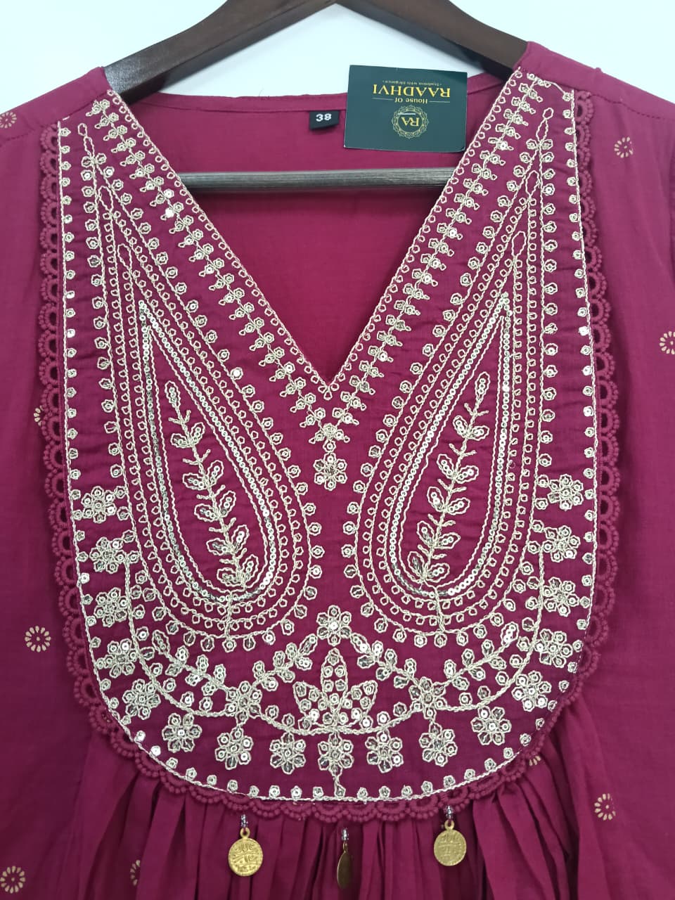 Marroon Cotton Hand Embroidery Airline Kurtha 677