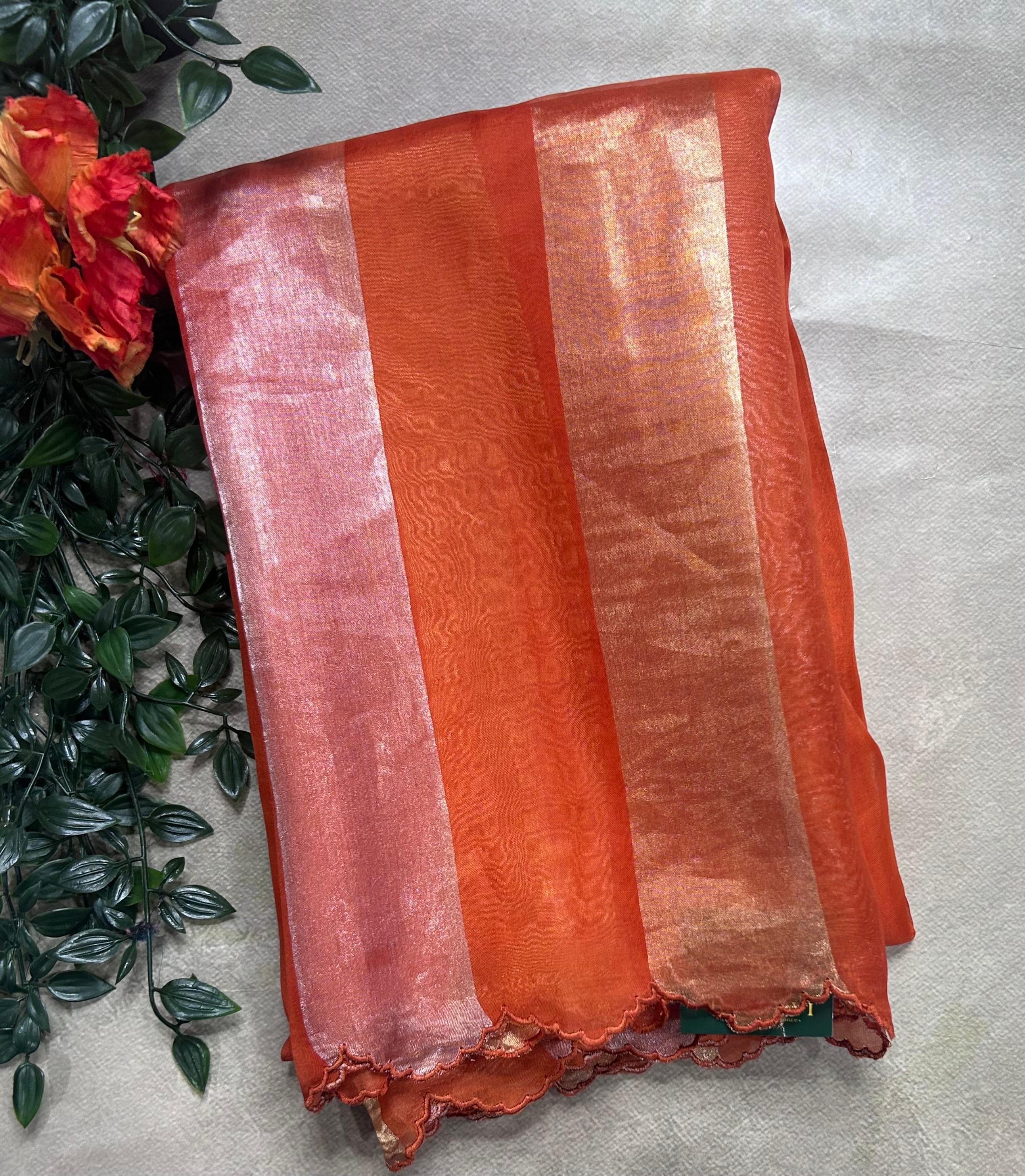 Orange Big Stripes Pure Organza 106 Saree