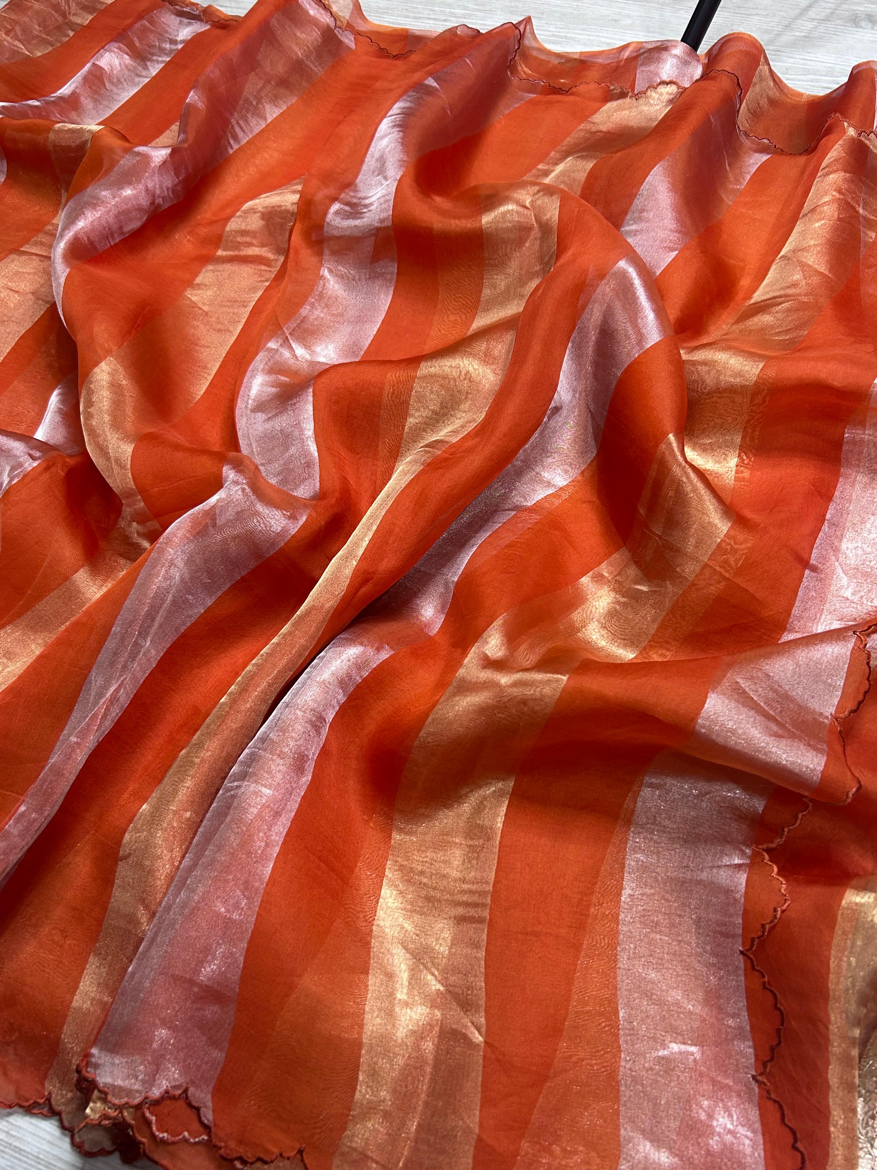 Orange Big Stripes Pure Organza 106 Saree