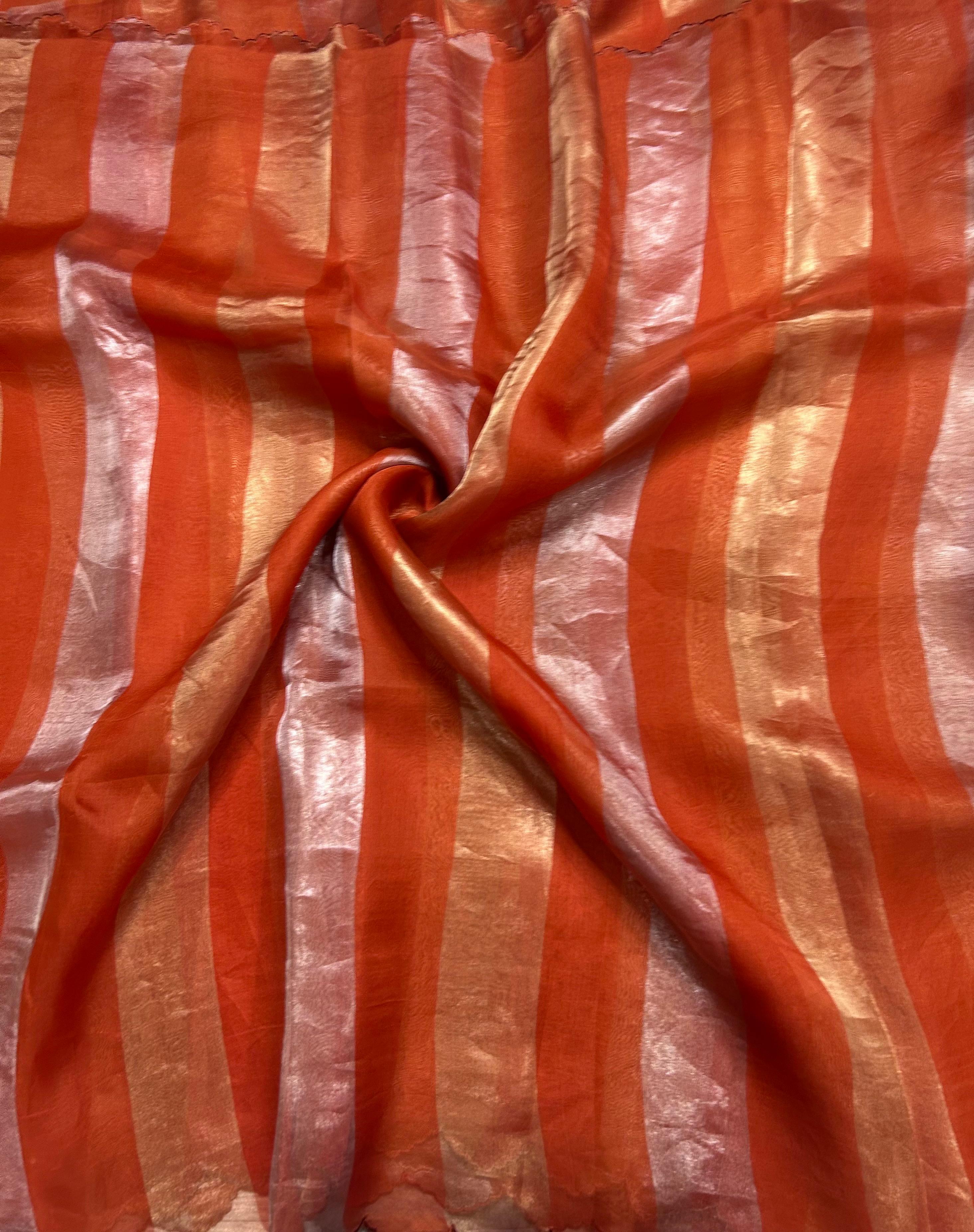 Orange Big Stripes Pure Organza 106 Saree
