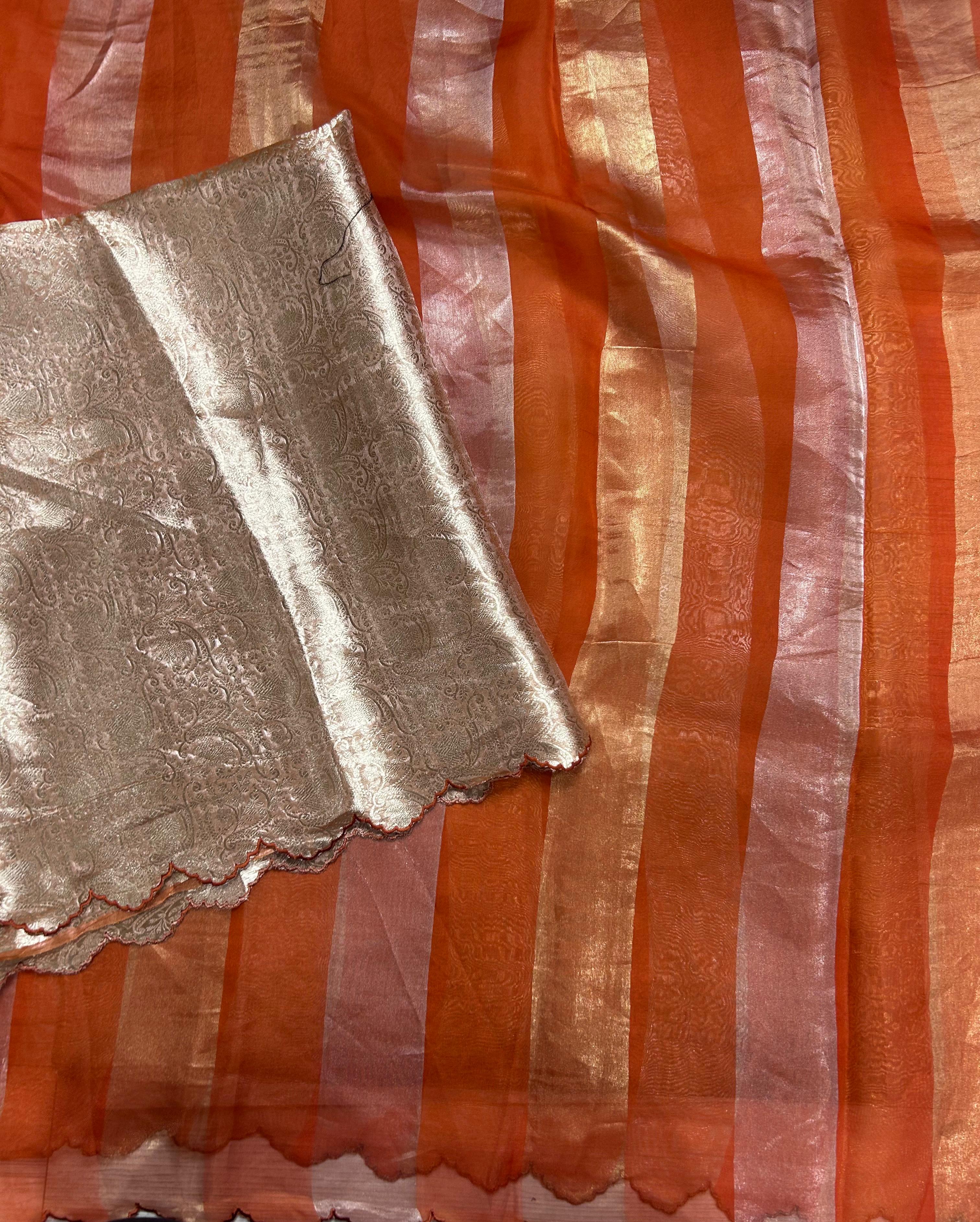 Orange Big Stripes Pure Organza 106 Saree