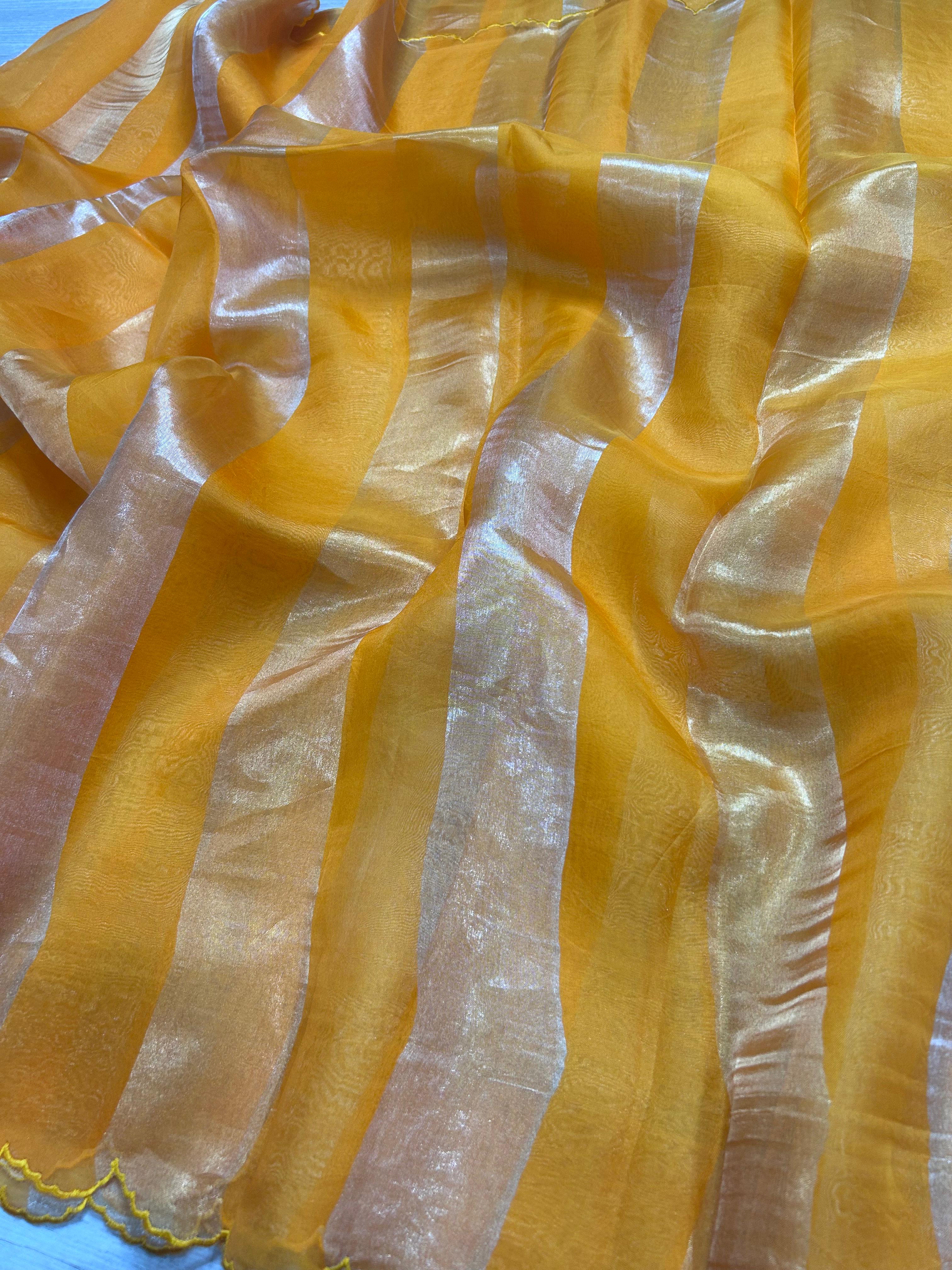 Yellow Big Stripes Pure Organza 106 Saree