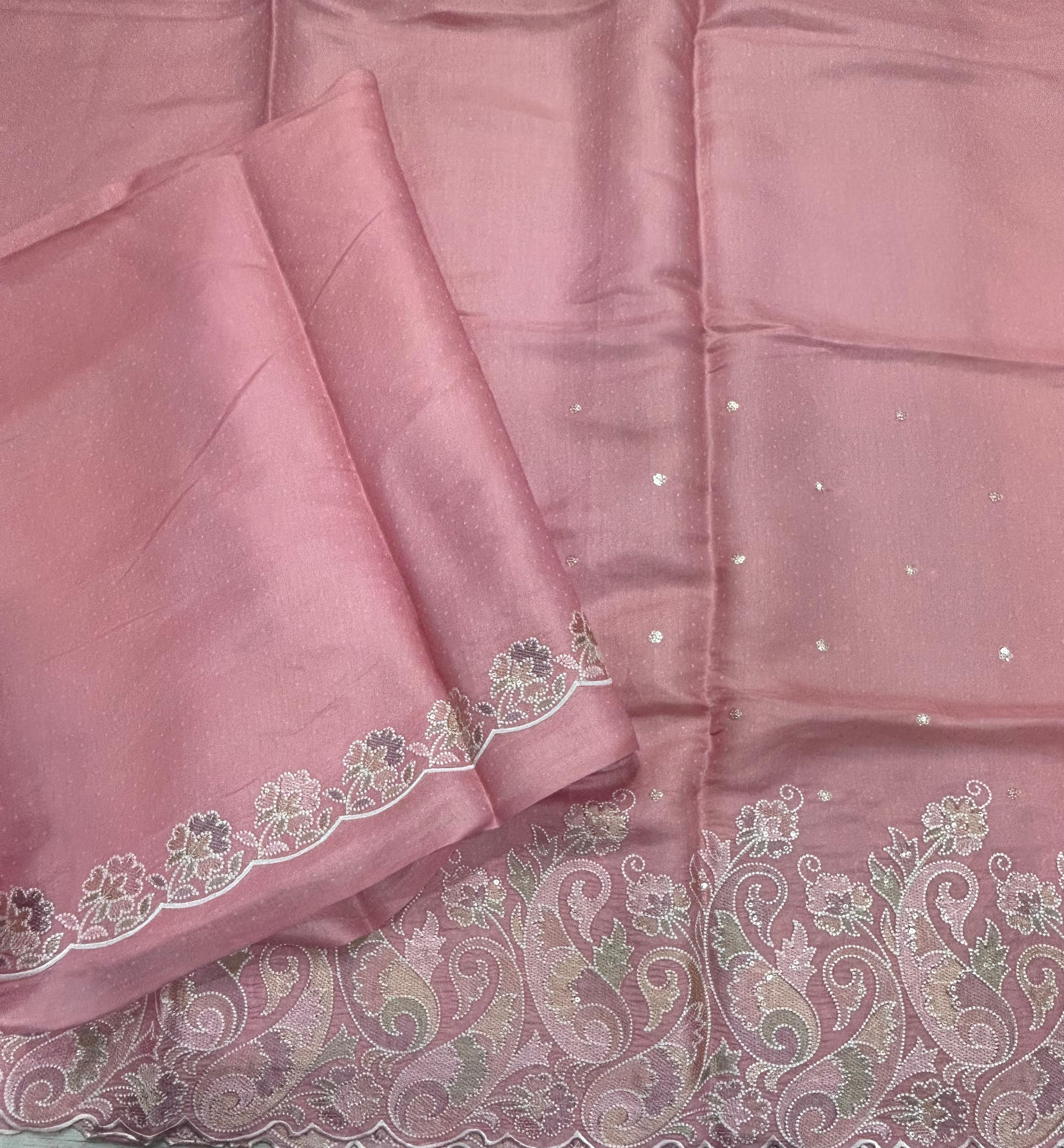 Rose Pink Embroidery Work Semi Tussar 106 Saree