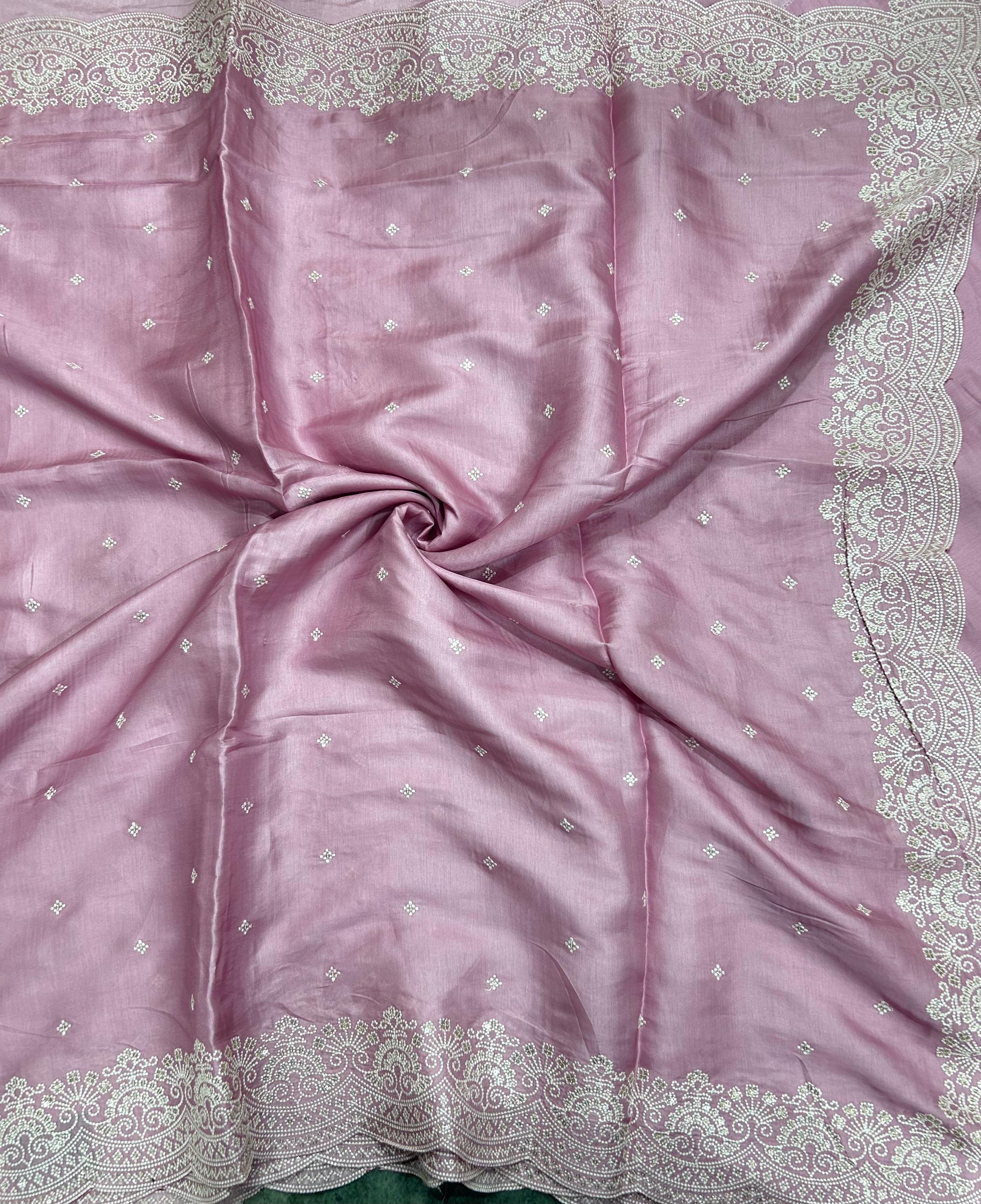 Lilac Pink Embroidery Work Semi Tussar 106 Saree
