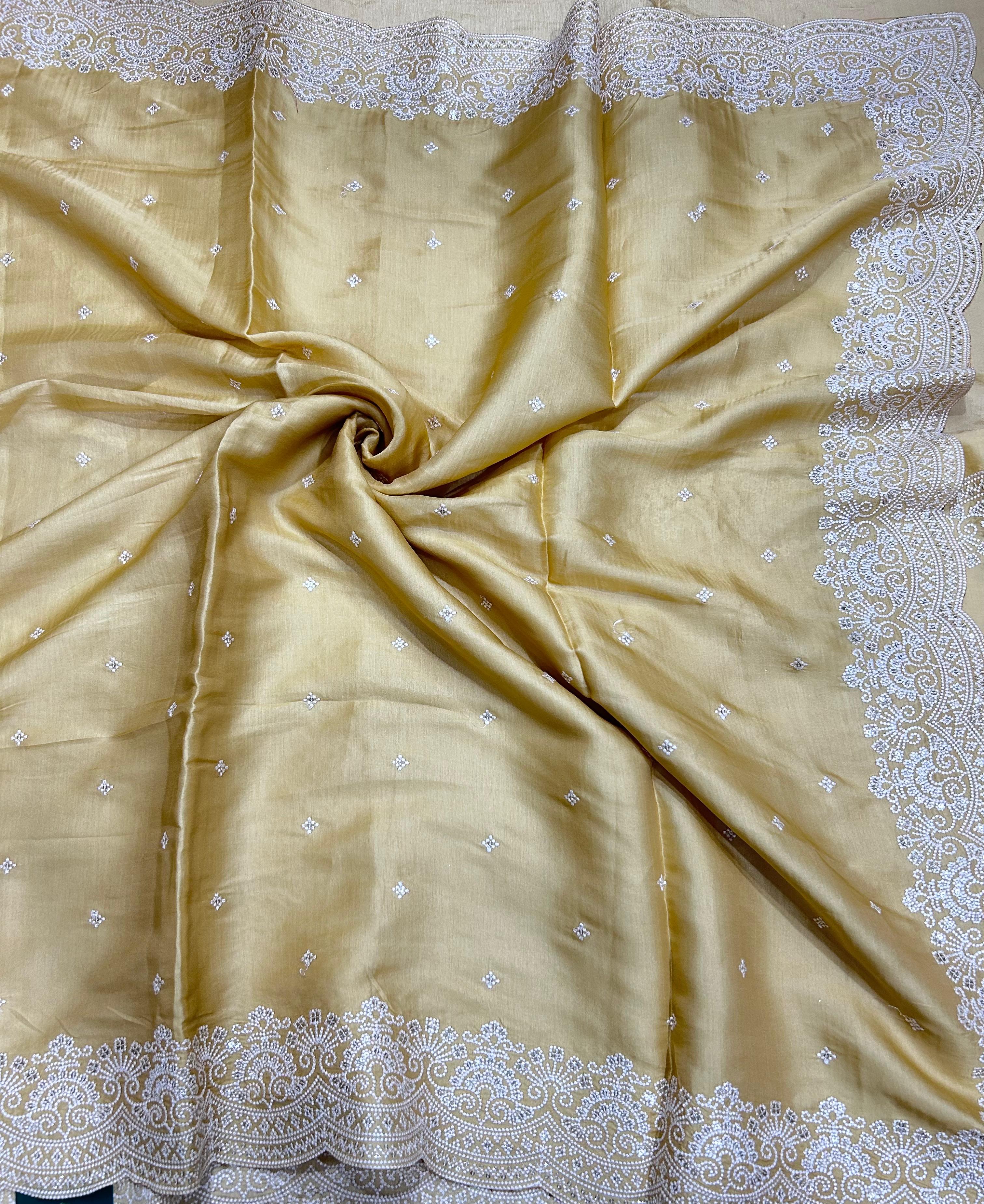 Light Gold Embroidery Work Semi Tussar 106 Saree