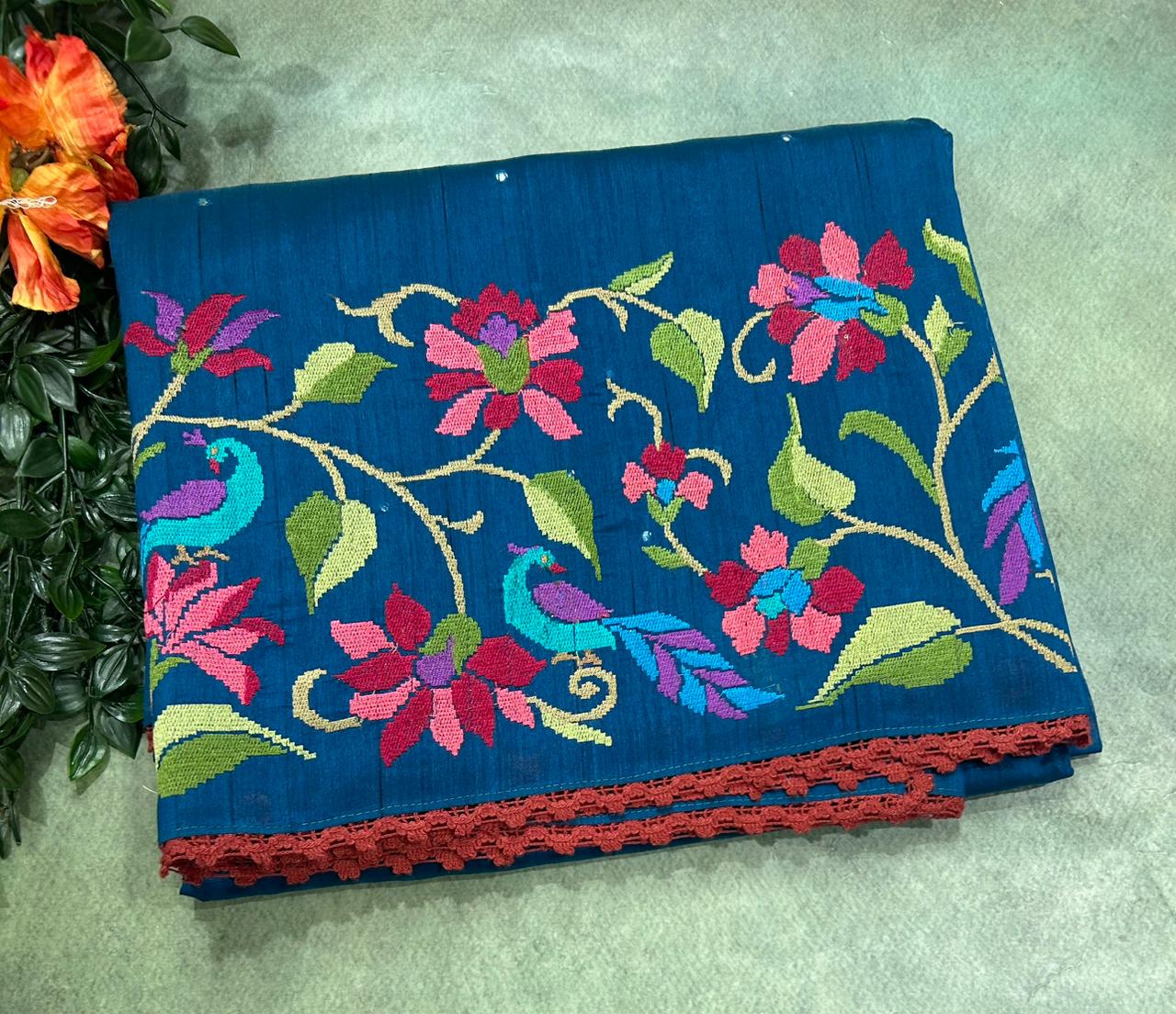 Peacock Blue Semi Tussar 106 Saree