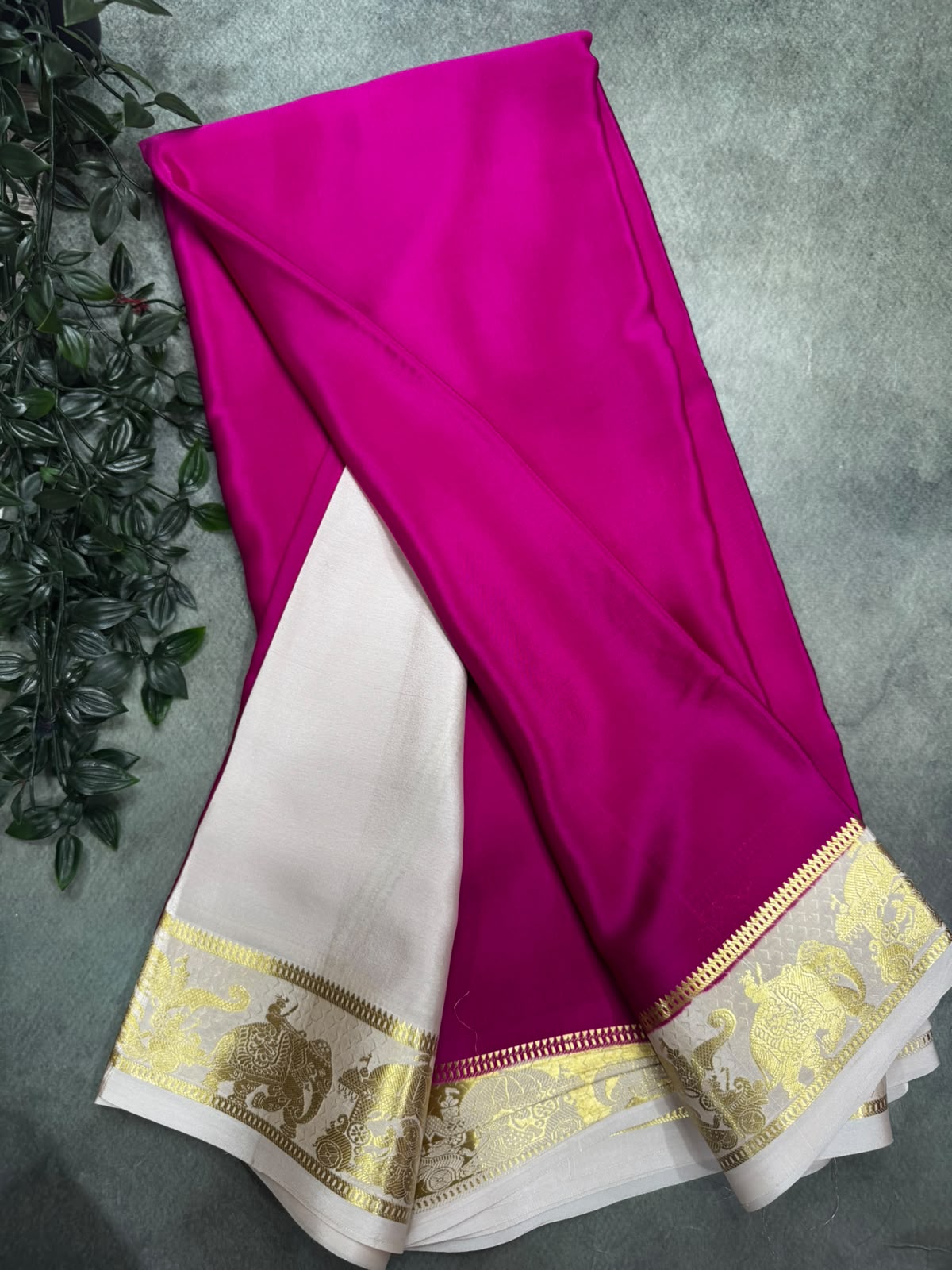 Rani Pink Pure Mysore Silk 106 Saree with Elephant Procession Border