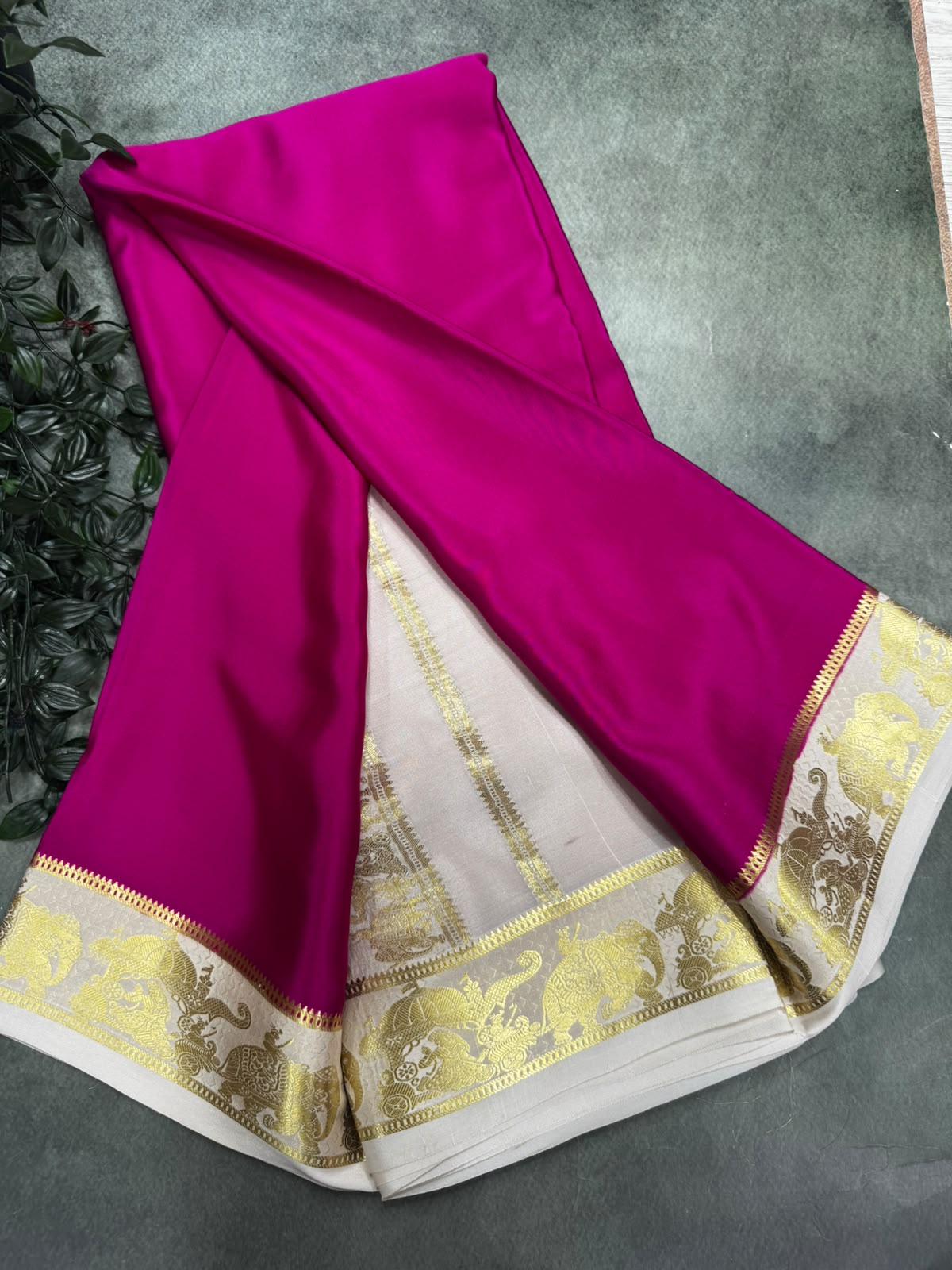 Rani Pink Pure Mysore Silk 106 Saree with Elephant Procession Border