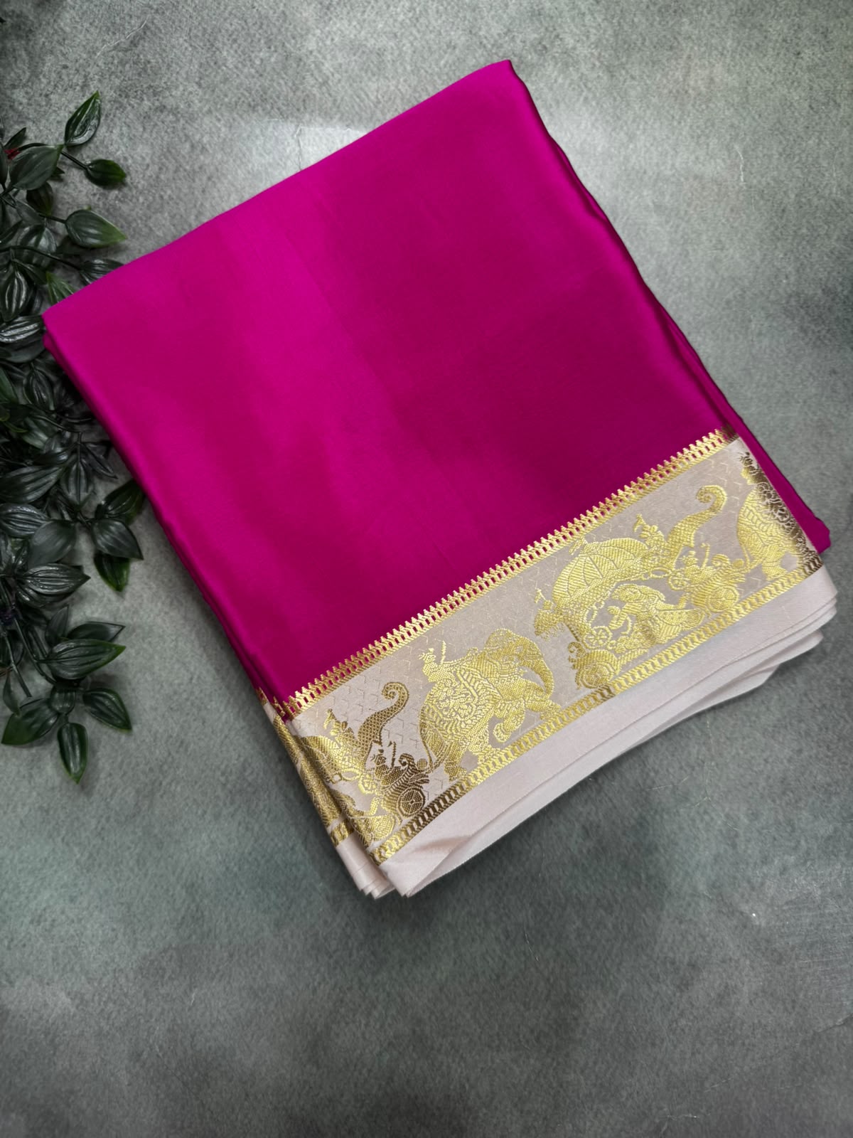 Rani Pink Pure Mysore Silk 106 Saree with Elephant Procession Border