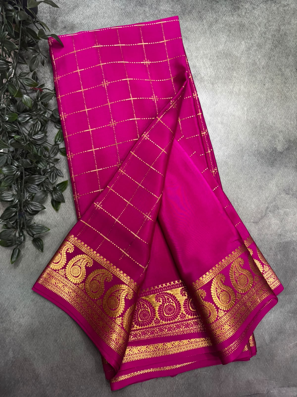 Rani Pink Pure Mysore Silk 106 Saree with Paisley Zari Border