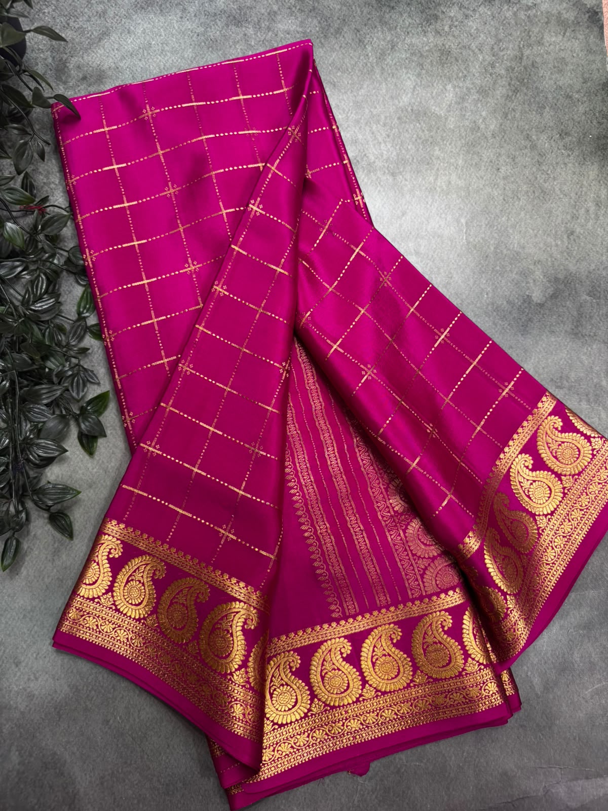 Rani Pink Pure Mysore Silk 106 Saree with Paisley Zari Border