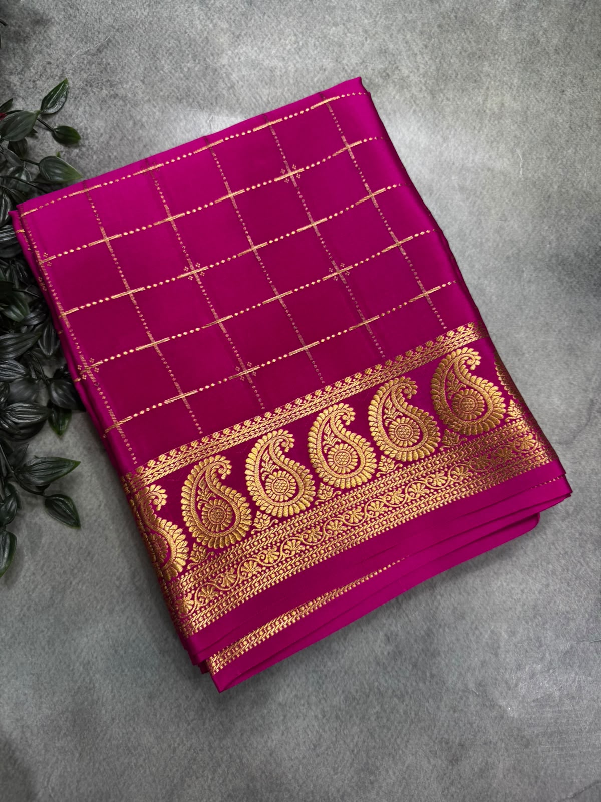 Rani Pink Pure Mysore Silk 106 Saree with Paisley Zari Border