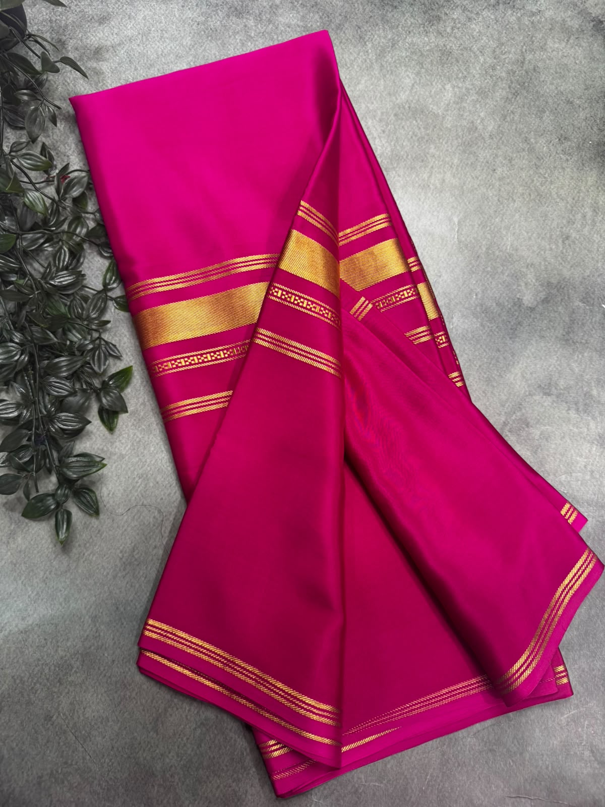 Dark Pink Pure Mysore Silk 106 Saree with Zari Four Border