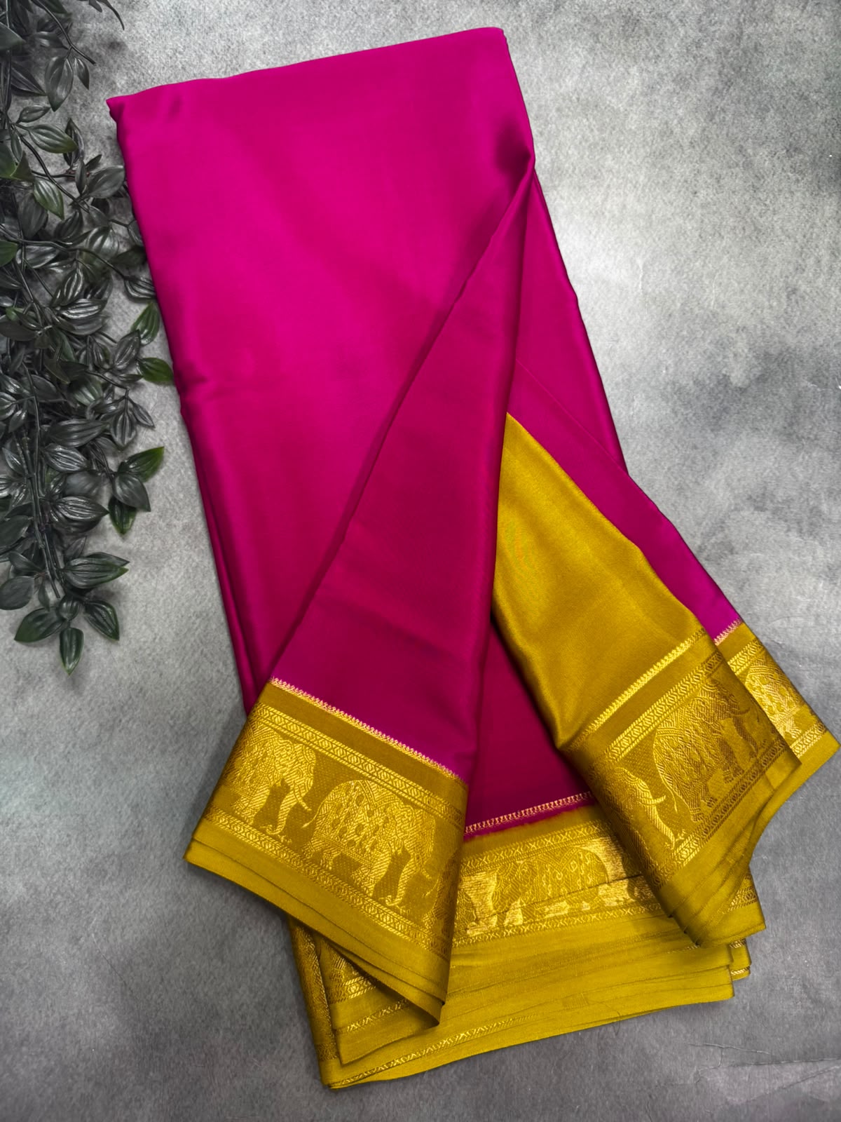 Rani Pink Pure Mysore Silk 106 Saree with Elephant Zari Border