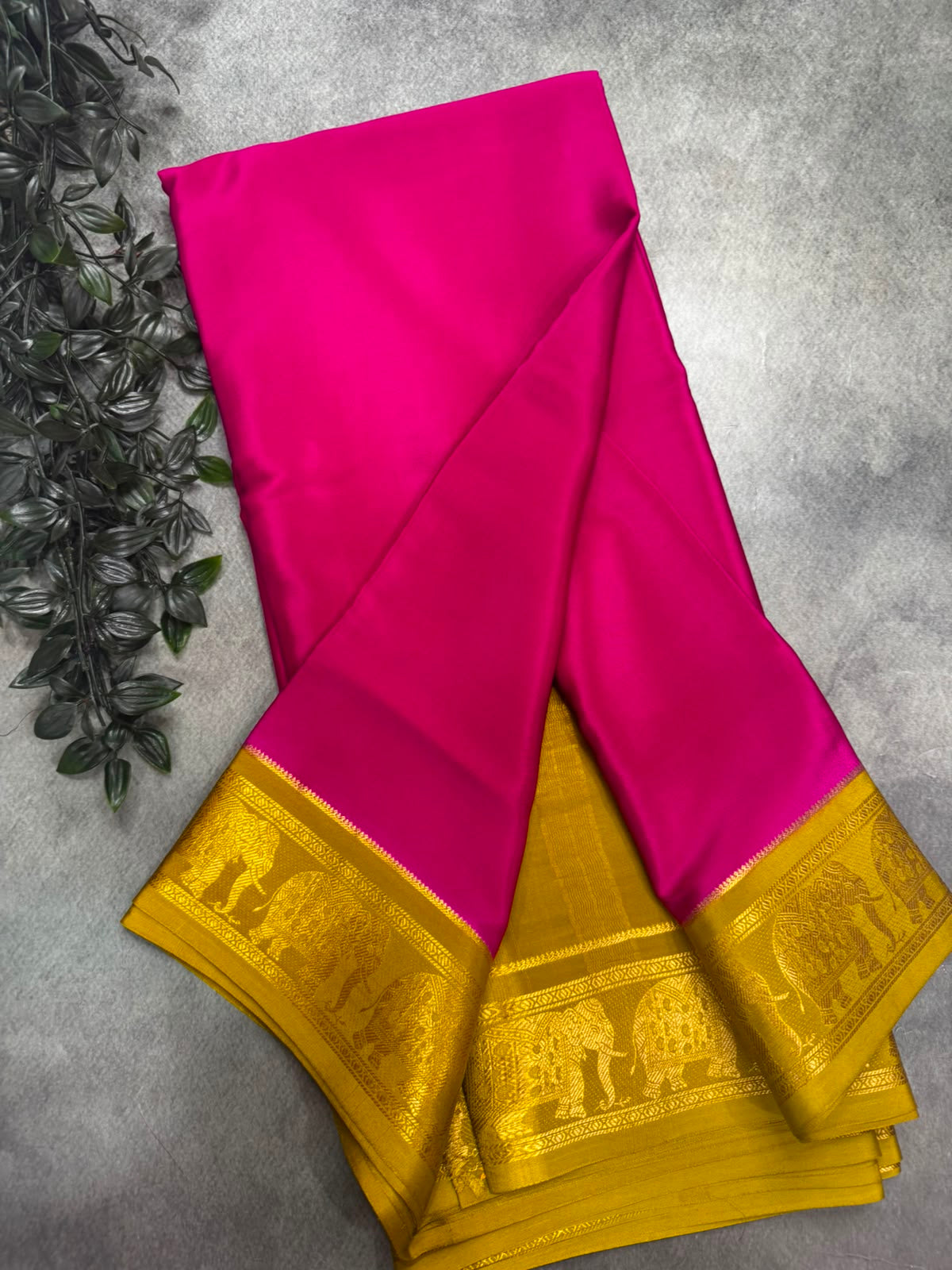 Rani Pink Pure Mysore Silk 106 Saree with Elephant Zari Border