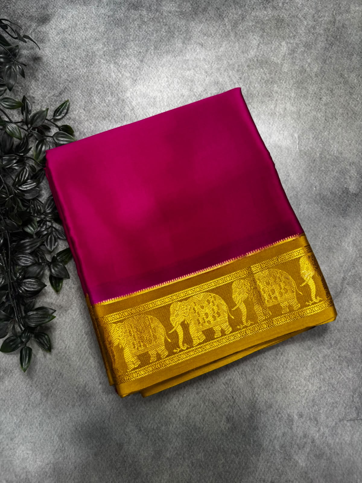 Rani Pink Pure Mysore Silk 106 Saree with Elephant Zari Border